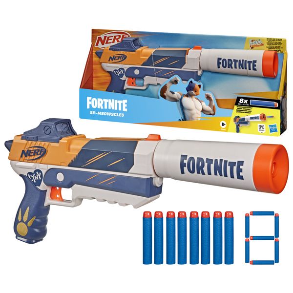 Nerf fortnite, blaster sp-meowscles, caricatore, canna, 6 dardi nerf elite in gommapiuma - NERF