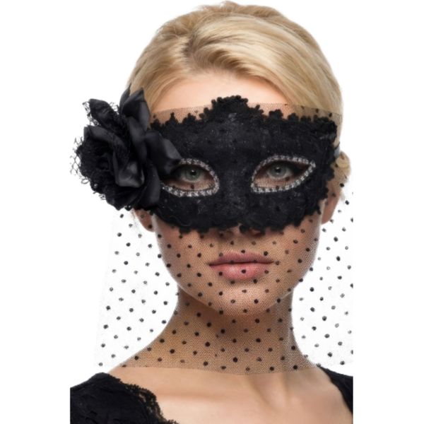 Maschera in tessuto nero con bautta e decorazioni su cartoncino - CARNIVAL TOYS