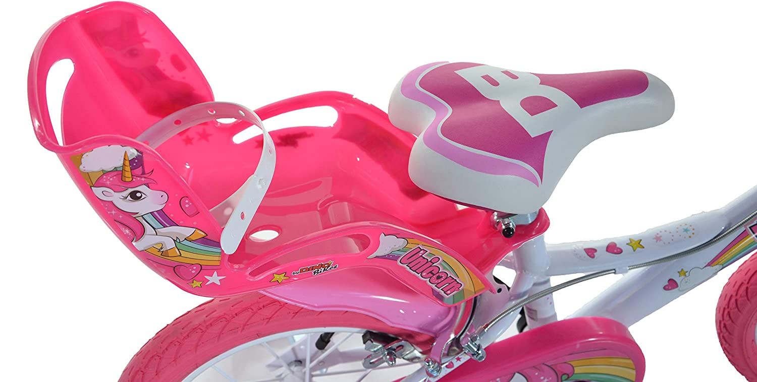 Bici bambina unicorn 14" - colori arcobaleno, telaio in acciaio, freni anteriori e posteriori, cestino, portabambola per bambine dai 5 ai 7 anni - 