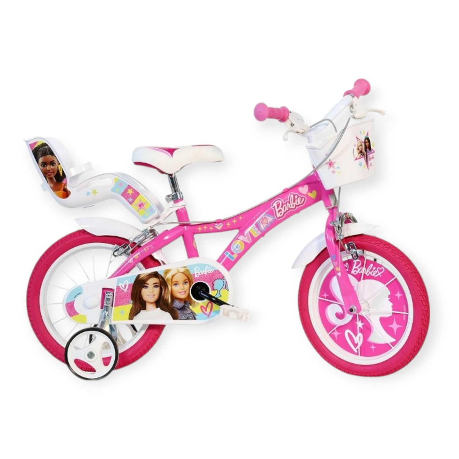 Bicicletta barbie 14". disco ruota, stabilizzatori, porta bambola e cestino anteriore - adatta dai 5 ai 7 anni - Barbie