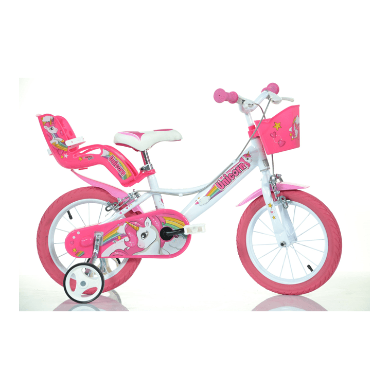 Bici bambina unicorn 14" - colori arcobaleno, telaio in acciaio, freni anteriori e posteriori, cestino, portabambola per bambine dai 5 ai 7 anni - 