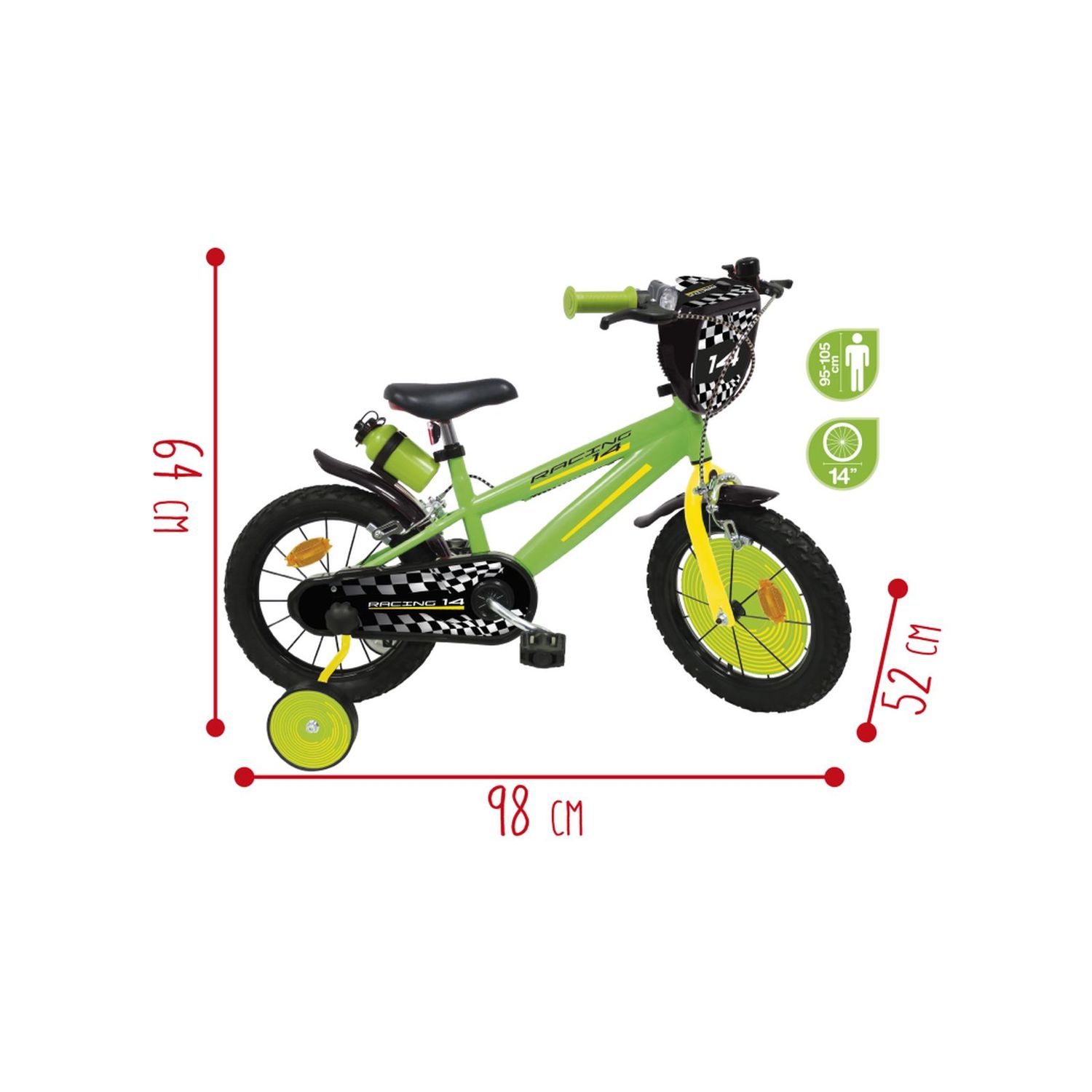 Bicicletta 14" - verde - bauletto, cestello e disco colorato nella ruota anteriore inclusi - adatta per  bambini dai 5-7 anni - SUN&SPORT