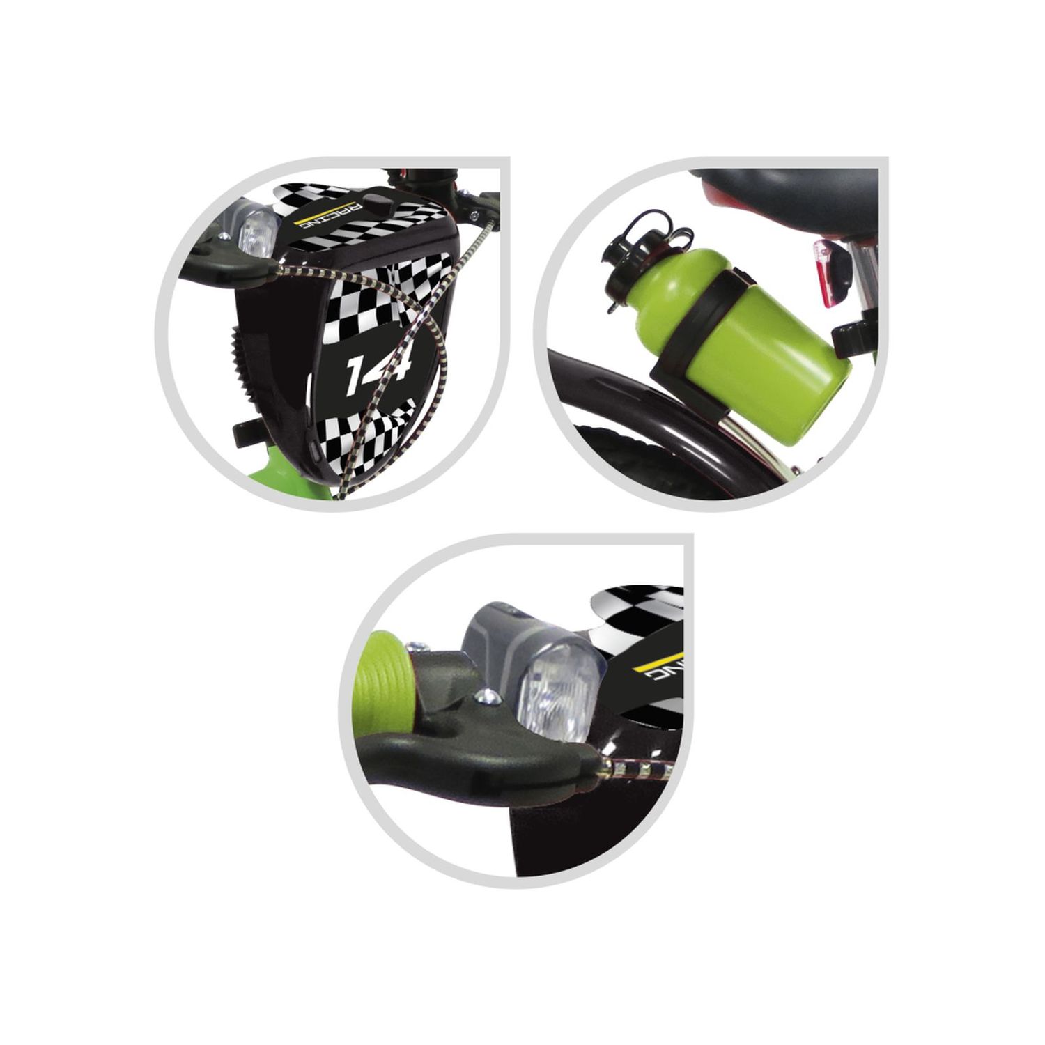 Bicicletta 14" - verde - bauletto, cestello e disco colorato nella ruota anteriore inclusi - adatta per  bambini dai 5-7 anni - SUN&SPORT