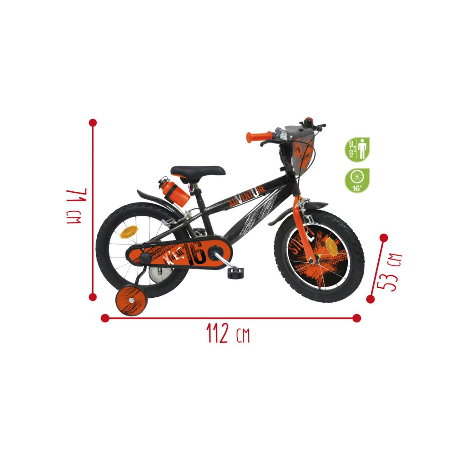 Bicicletta 16" - arancione. 2 freni caliper - borraccia e mascherina frontale e disco colorato nella ruota anteriore inclusi - adatta per  bambini dai 8-12 anni - SUN&SPORT