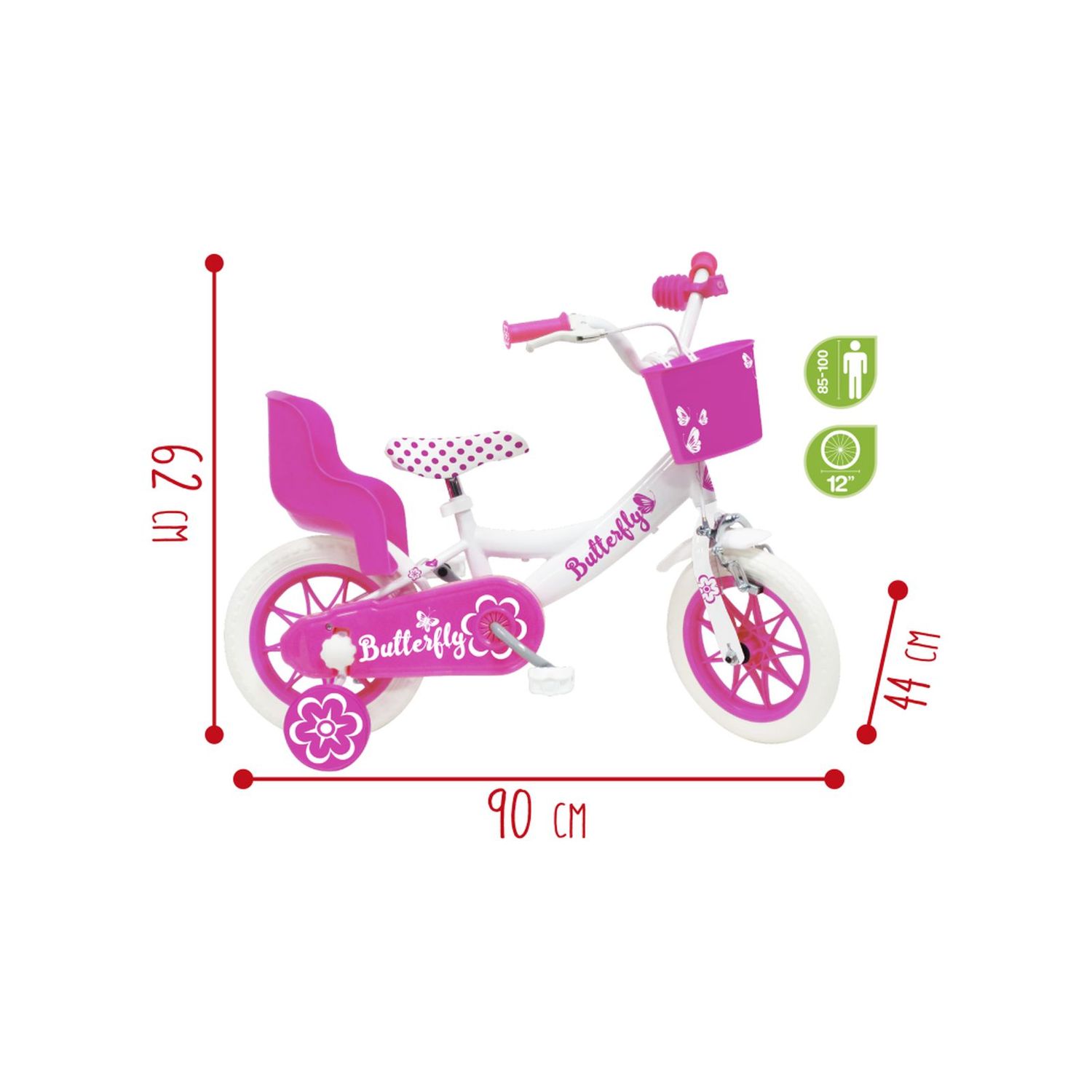 Bicicletta 12" - rosa. freno caliper frontale - porta bambola e cestello inclusi - adatta per  bambini dai 3-5 anni - SUN&SPORT