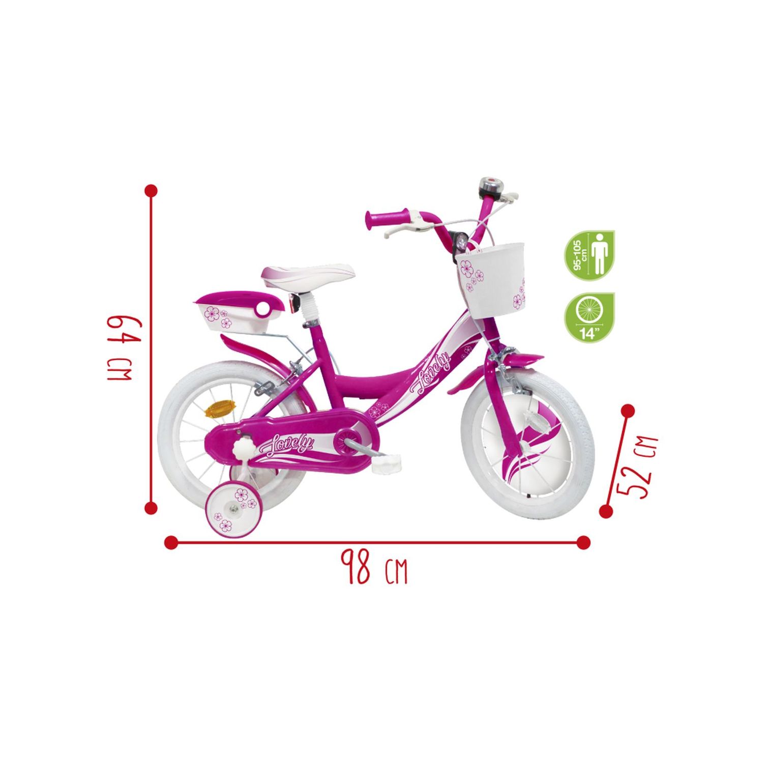 Bicicletta 14" - fucsia - bauletto, cestello e disco colorato nella ruota anteriore inclusi - adatta per  bambini dai 5-7 anni - SUN&SPORT