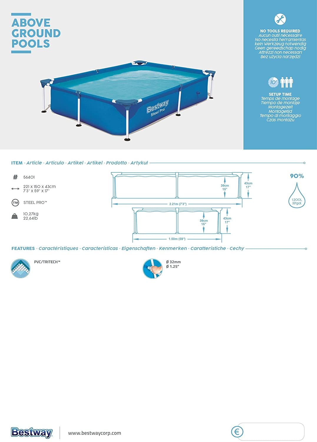 Bestway piscina steel pro frame rettangolare 221x150x43 cm - Bestway