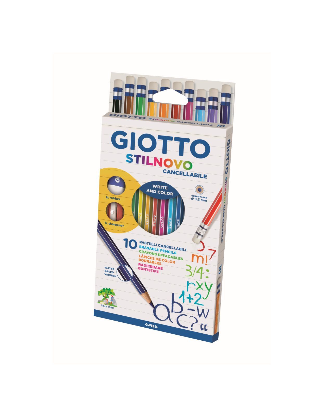 Pastelli giotto stilnovo cancellabili con gomma: ideali per scuola, scrittura e sottolineatura - set da 10 con maxi gomma e temperamatite - GIOTTO
