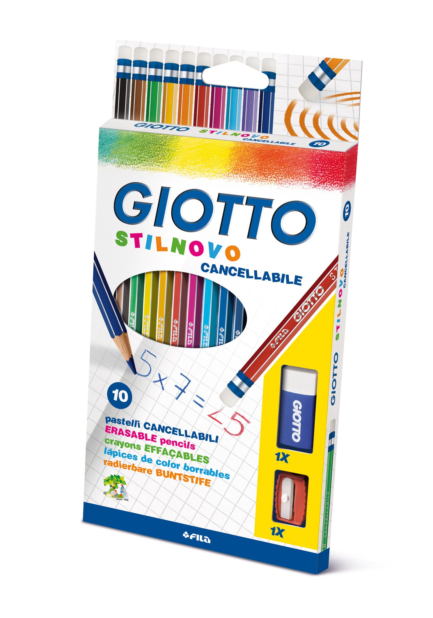 Pastelli giotto stilnovo cancellabili con gomma: ideali per scuola, scrittura e sottolineatura - set da 10 con maxi gomma e temperamatite - GIOTTO