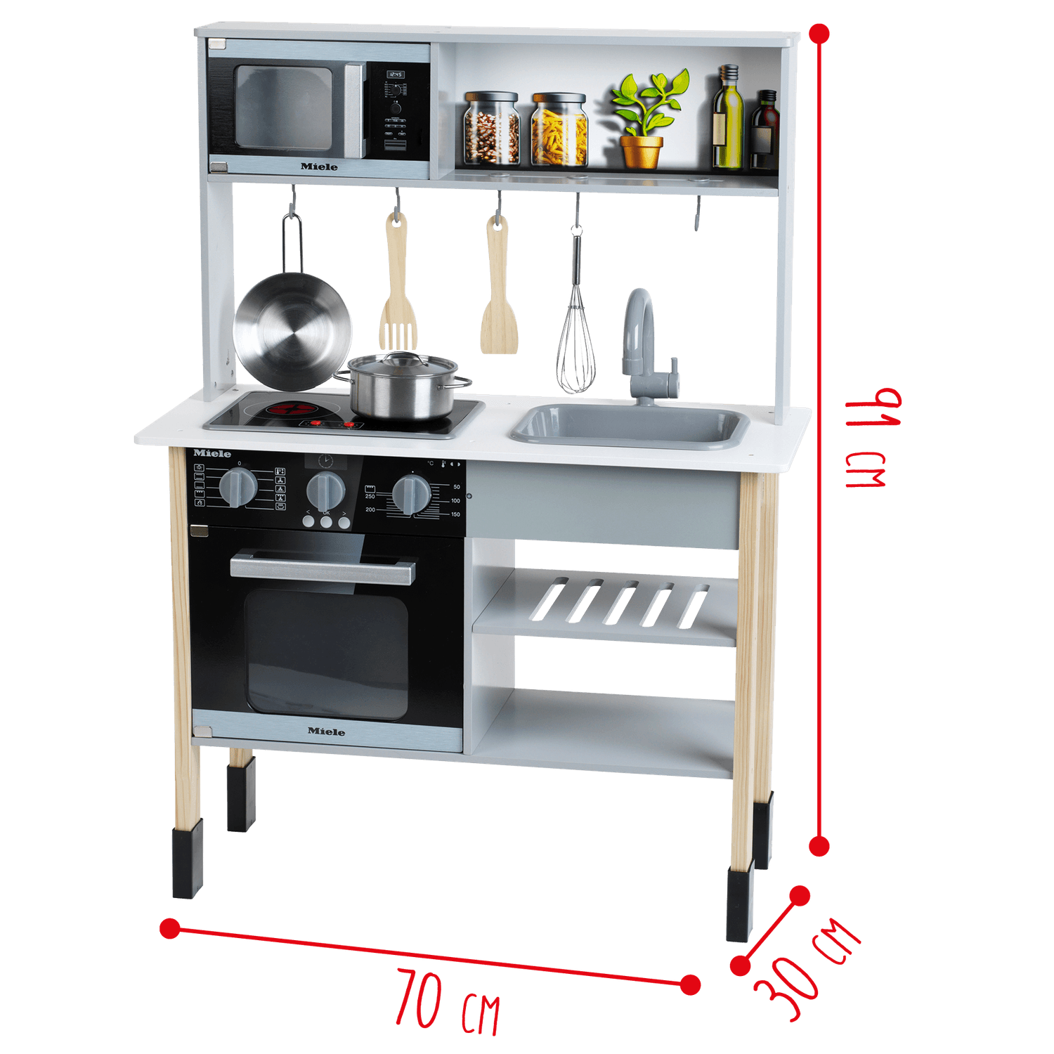 Cucina miele in legno con luci e suoni – fornello, microonde, lavello estraibile e accessori inclusi – 70x30x91 cm - MIELE