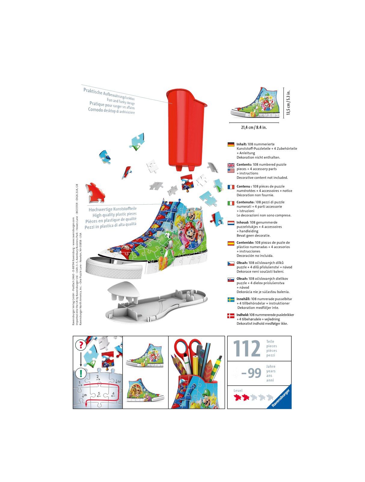 Ravensburger - 3d puzzle portapenne sneaker super mario edition, 108 pezzi, 8+ anni - RAVENSBURGER, RAVENSBURGER 3D PUZZLE, Super Mario