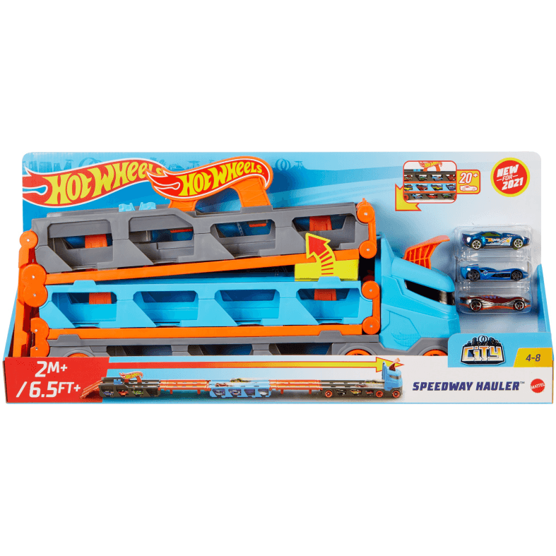 Hot wheels 2in1 camion trasportatore e pista con 3 macchinine, 4+anni - Hot Wheels