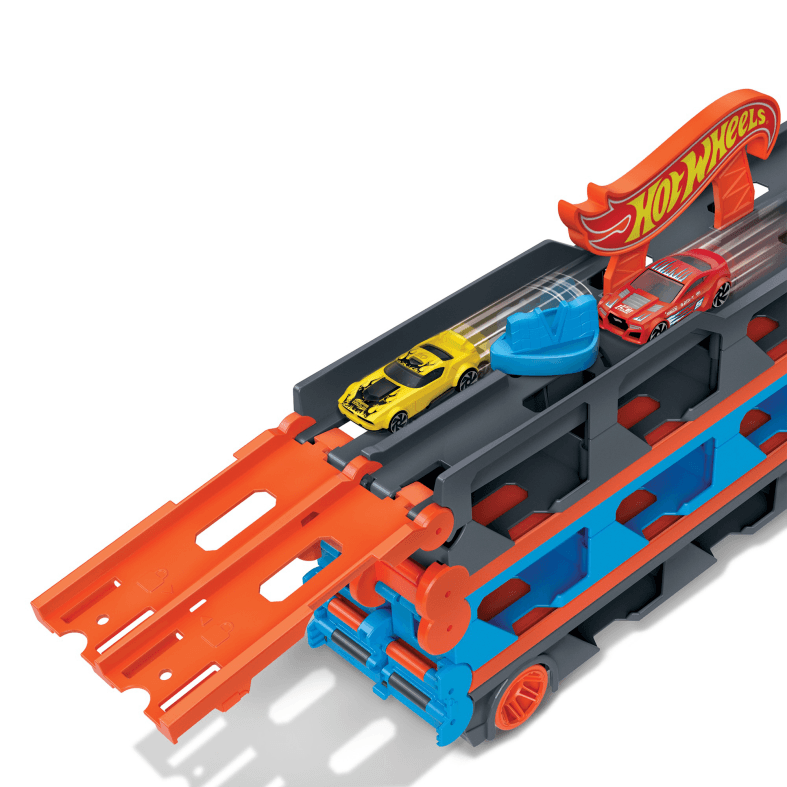 Hot wheels 2in1 camion trasportatore e pista con 3 macchinine, 4+anni - Hot Wheels