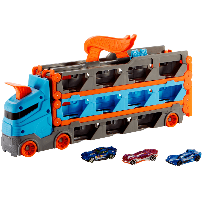 Hot wheels 2in1 camion trasportatore e pista con 3 macchinine, 4+anni - Hot Wheels