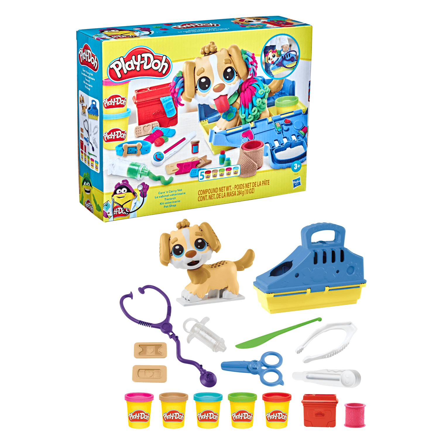 Play-doh - set da veterinario, playset con 10 strumenti e 5 colori di pasta da modellare atossica, cane giocattolo per bambini dai 3 anni in su - PLAY-DOH