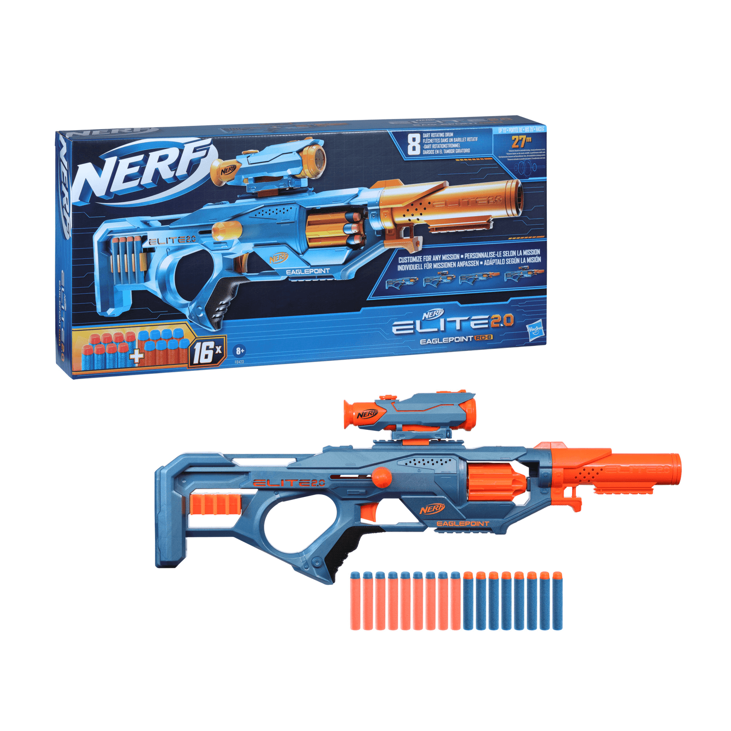 Nerf elite 2.0 - eaglepoint rd-8, blaster con tamburo da 8 dardi, mirino e canna staccabili - NERF