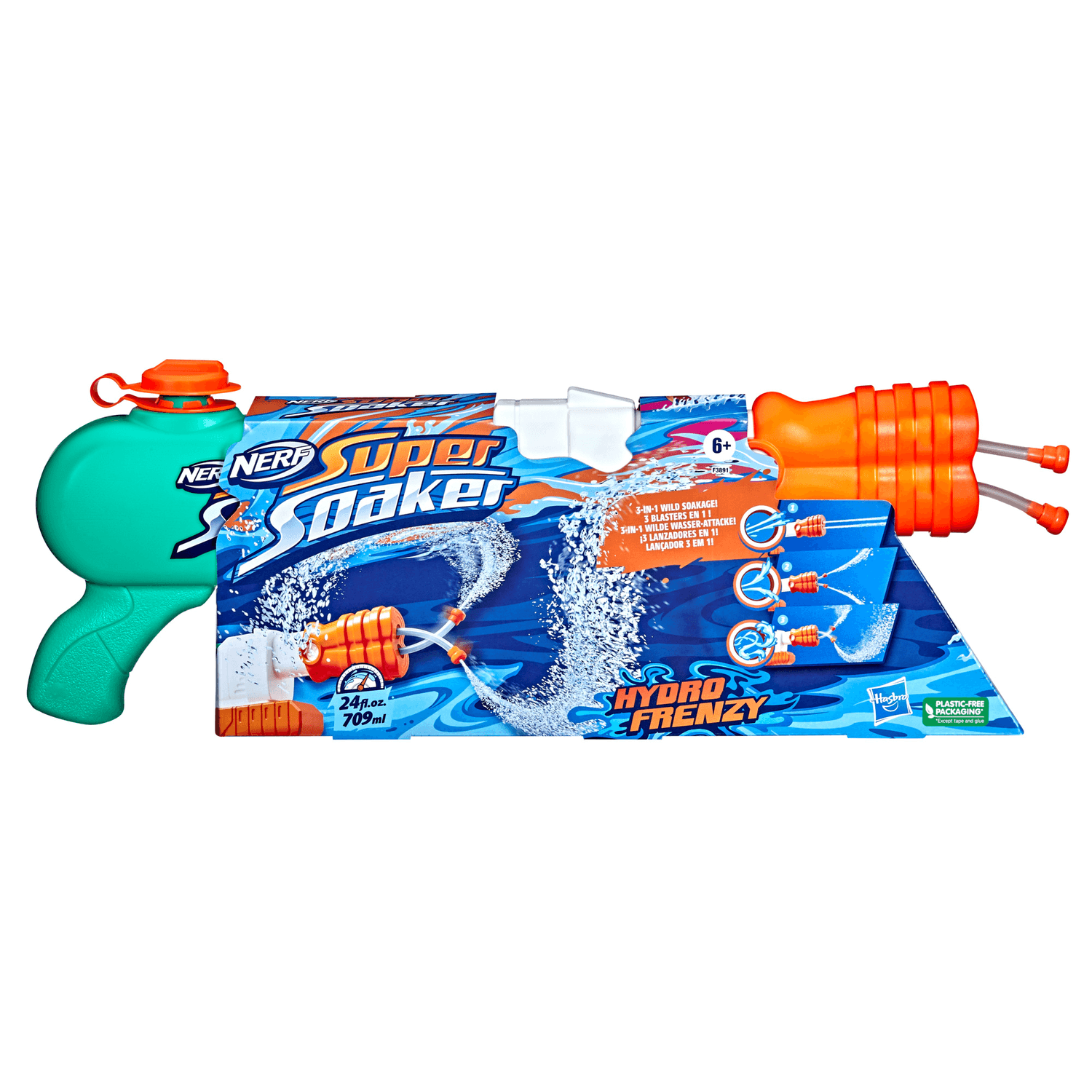 Nerf super soaker - hydro frenzy, blaster ad acqua 3-in-1, con bocchetta regolabile e 2 tubi lancia-acqua - NERF