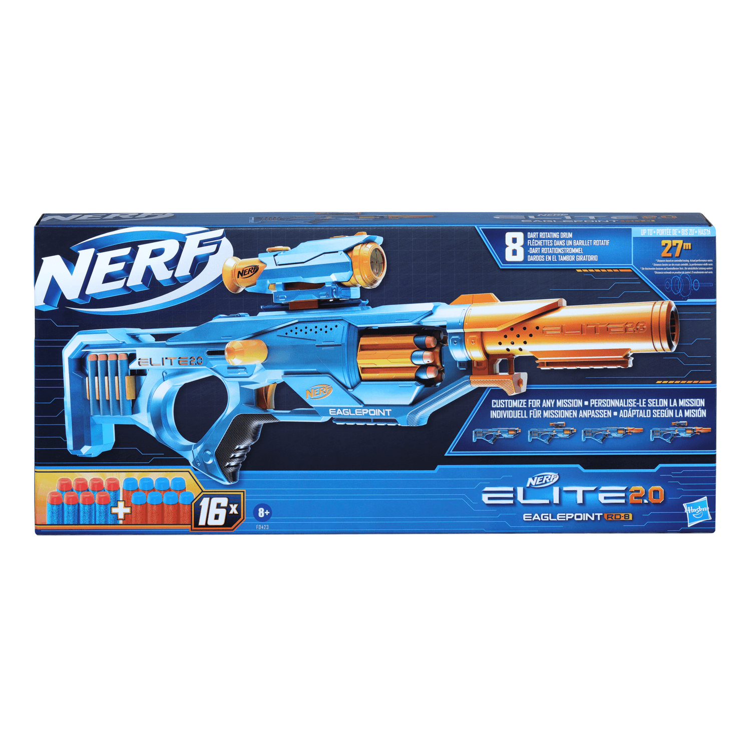 Nerf elite 2.0 - eaglepoint rd-8, blaster con tamburo da 8 dardi, mirino e canna staccabili - NERF