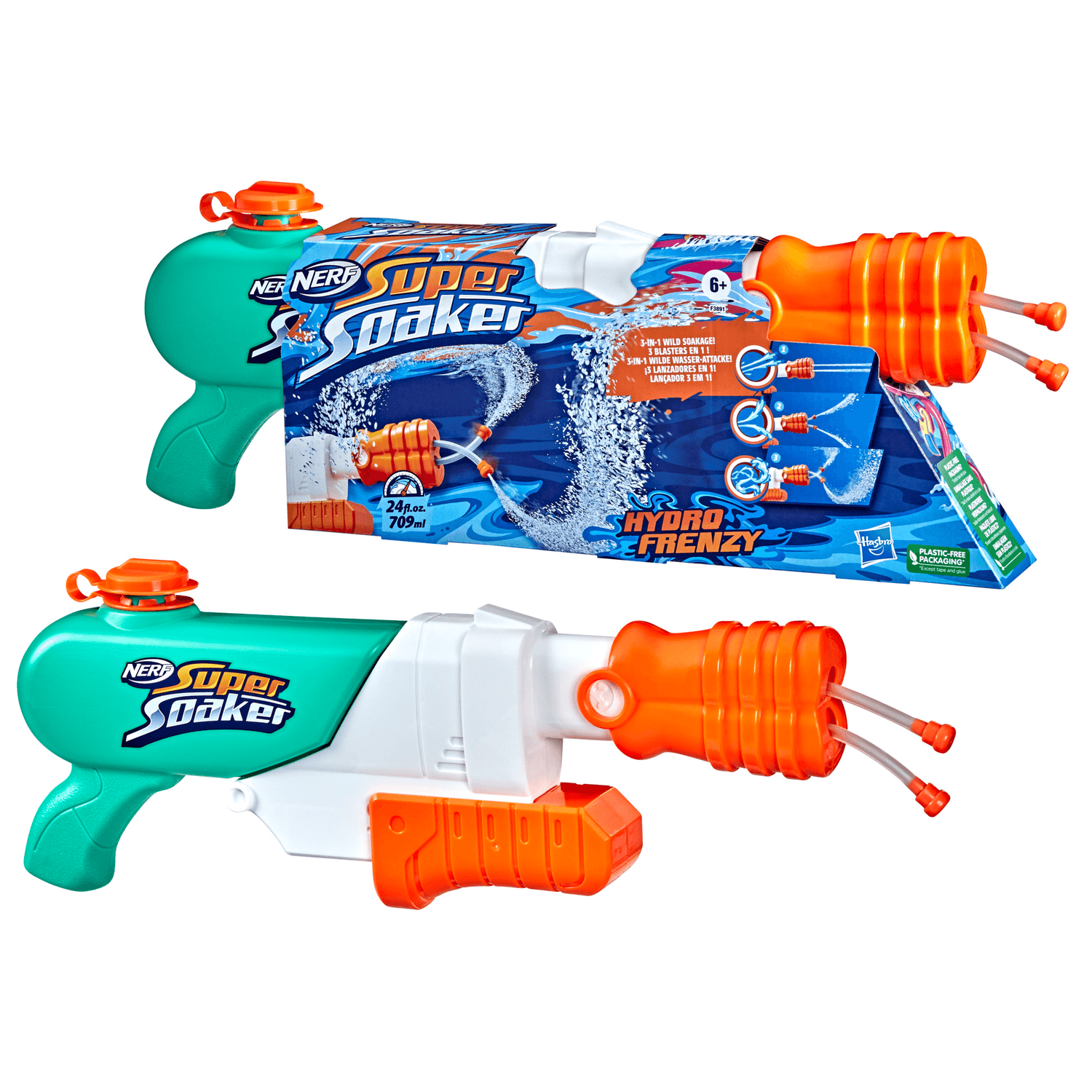 Nerf super soaker - hydro frenzy, blaster ad acqua 3-in-1, con bocchetta regolabile e 2 tubi lancia-acqua - NERF