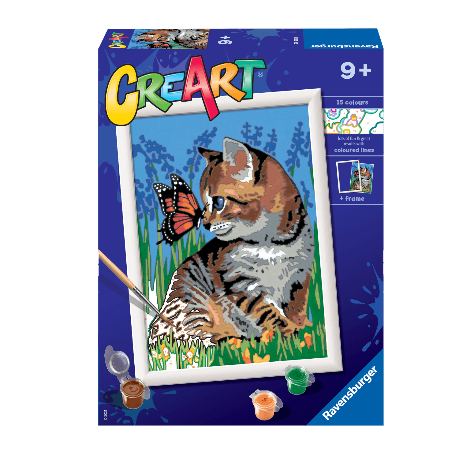 Ravensburger creart per bambini, kit per dipingere con i numeri, 9+, serie d, gattino e farfalla - CREART, RAVENSBURGER