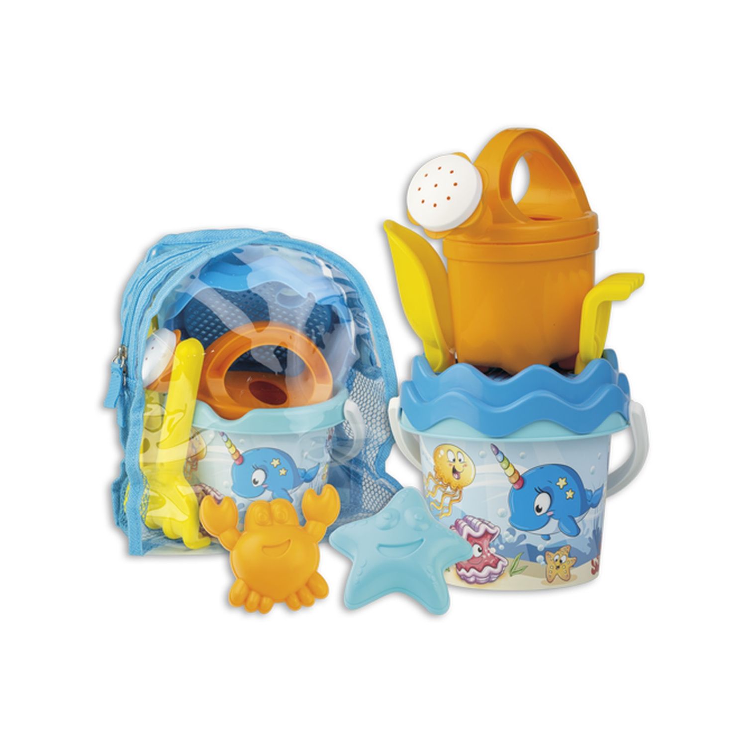 Set mare spiaggia con secchielli decori fish ed unicorno,  contenuti in borsa zaino - 