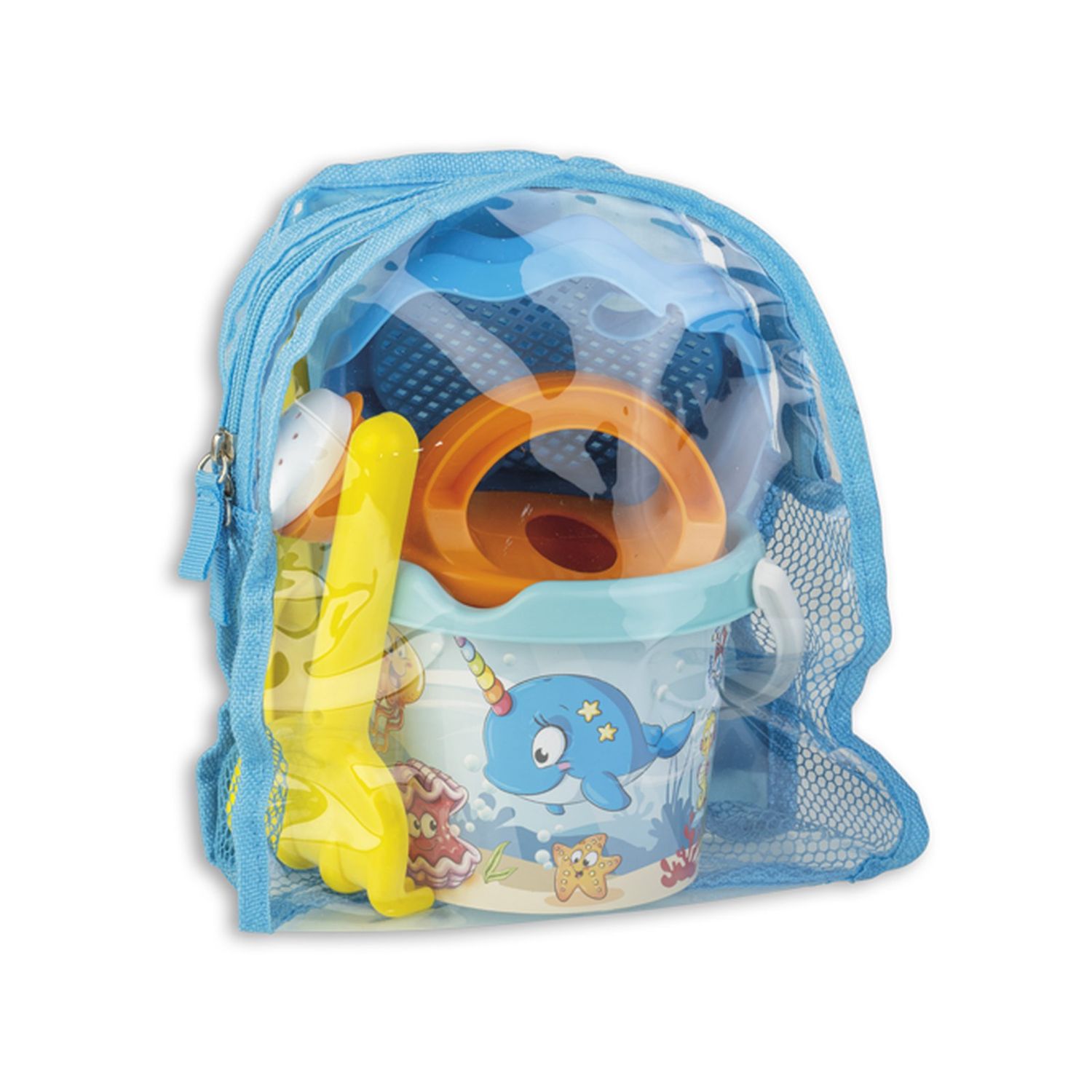 Set mare spiaggia con secchielli decori fish ed unicorno,  contenuti in borsa zaino - 