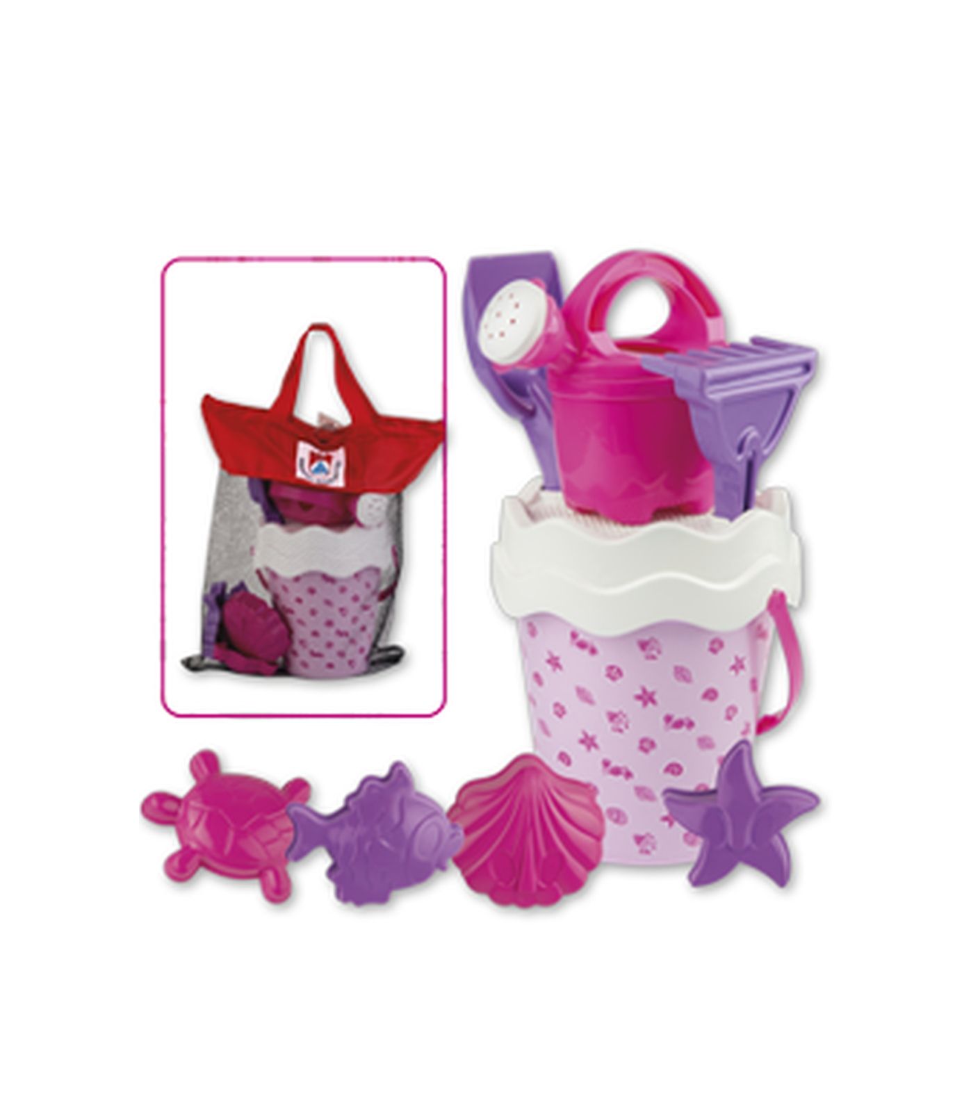 Set mare spiaggia in borsa rete con cerniera. secchielli con decoro conchiglia - 