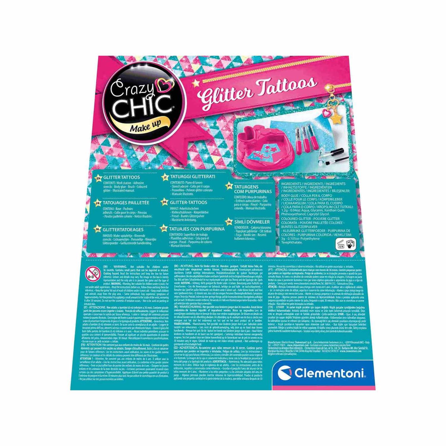 Clementoni - crazy chic - glitter tattoos, gioco creativo per bambini - CLEMENTONI, CRAZY CHIC