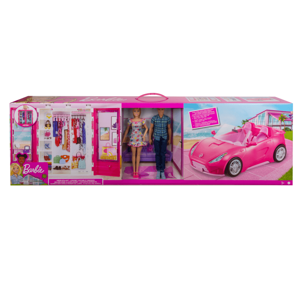 Barbie - bambole barbie & ken con vestiti alla moda, include armadio con maniglia e veicolo con ruote girevoli e cinture di sicurezza; giocattolo per bambini 3+ anni - Barbie