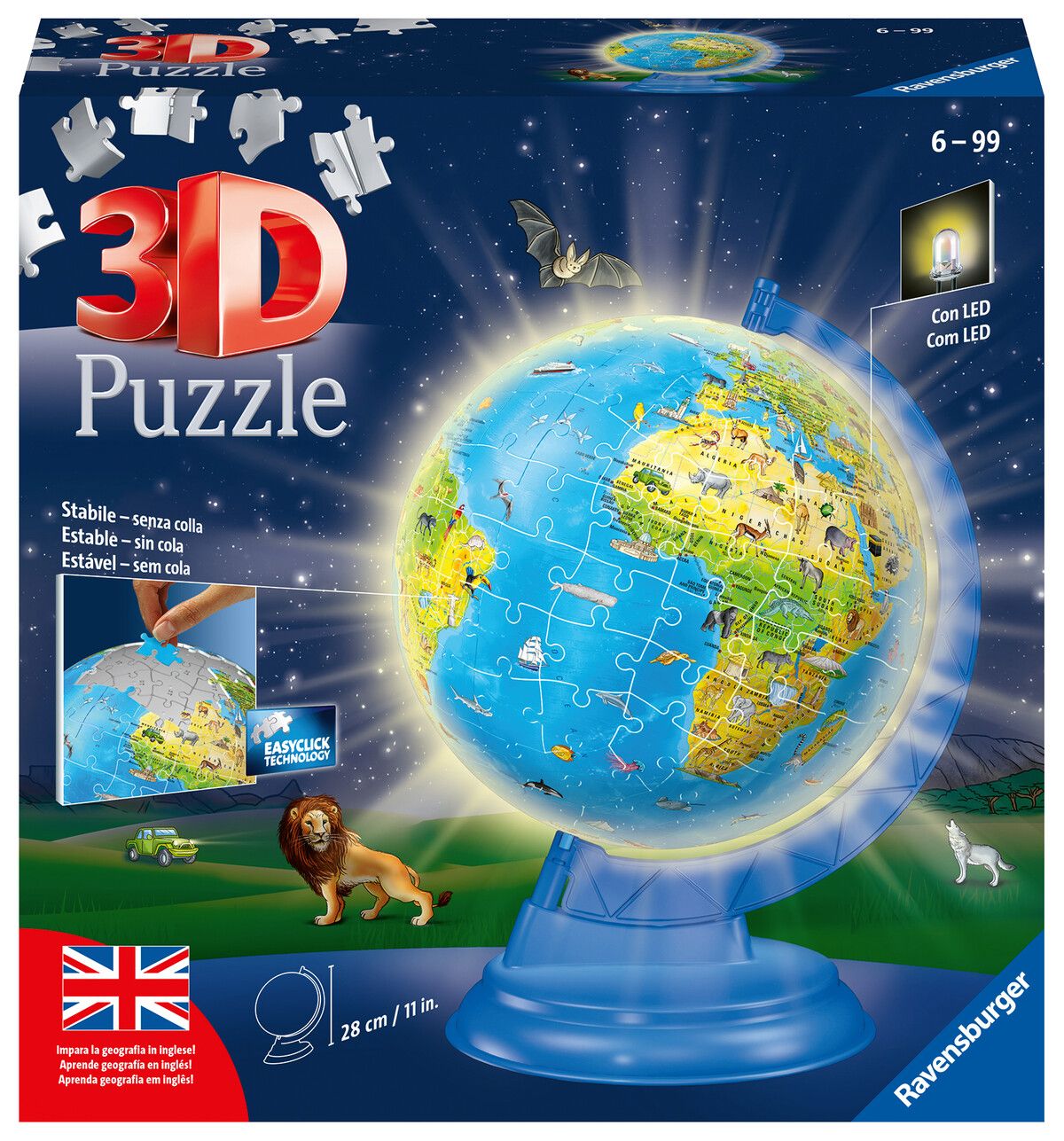 Ravensburger - 3d puzzle globo night edition con luce, impara la geografia in inglese, 180 pezzi, 6+ anni - RAVENSBURGER, RAVENSBURGER 3D PUZZLE
