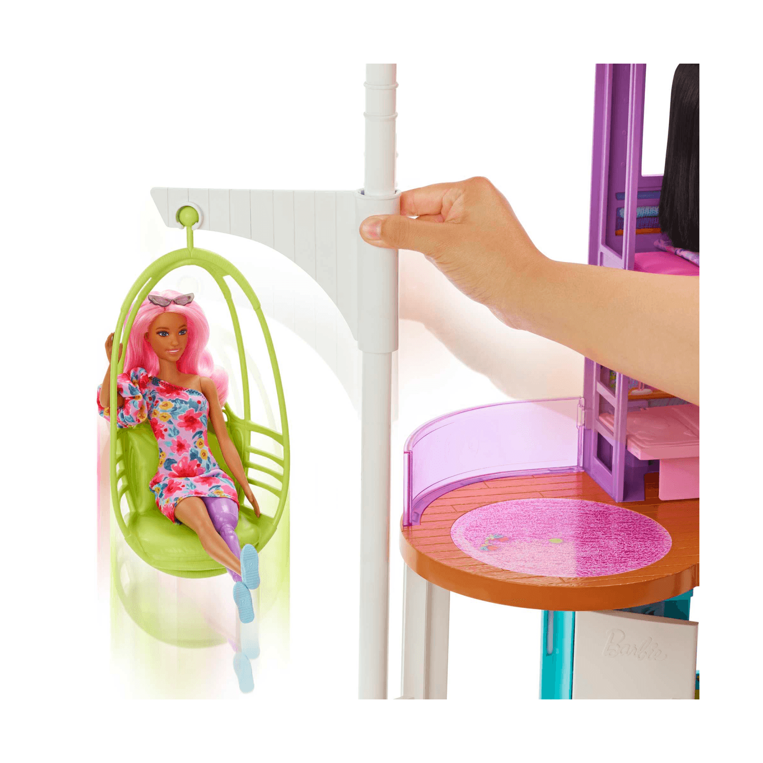 Barbie casa di malibu (106 cm) playset casa delle bambole con 2 piani, 6 stanze, ascensore, altalena e +30 accessori, giocattolo per bambini 3+ anni - Barbie