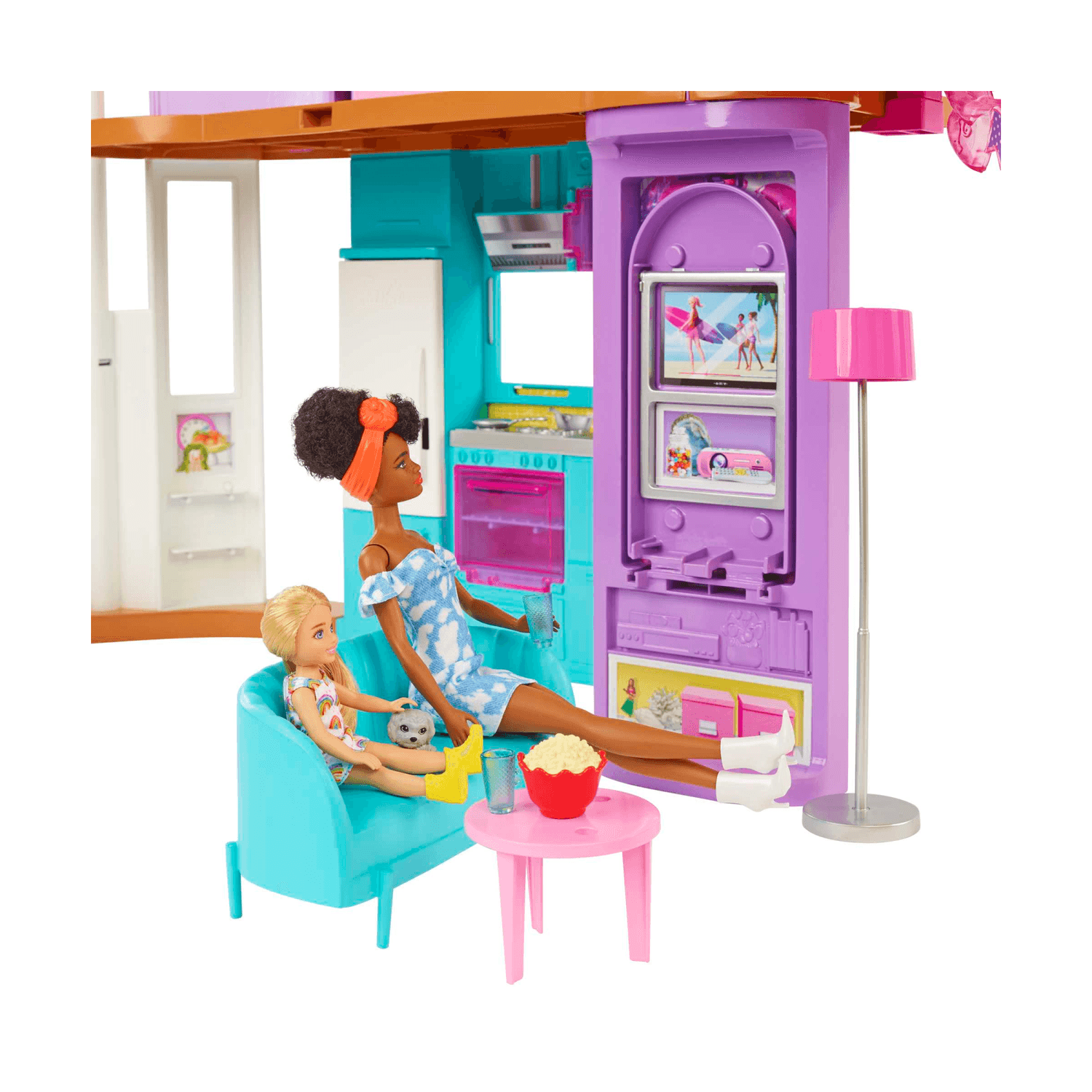 Barbie casa di malibu (106 cm) playset casa delle bambole con 2 piani, 6 stanze, ascensore, altalena e +30 accessori, giocattolo per bambini 3+ anni - Barbie