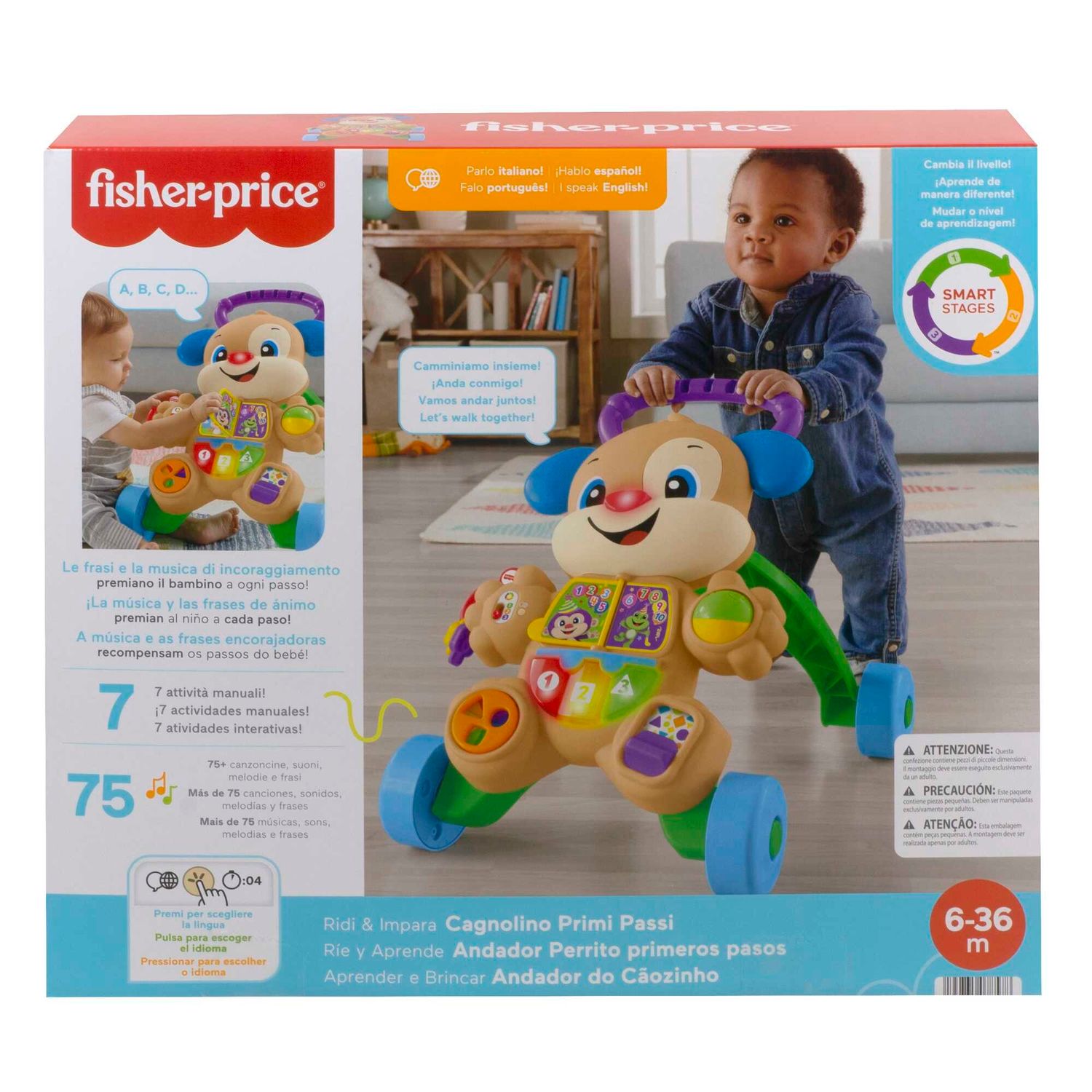 Fisher-price ridi & impara cagnolino primi passi - edizione multilingue, giocattolo musicale per camminare; per neonati e bambini piccoli da 6 a 36 mesi - FISHER-PRICE