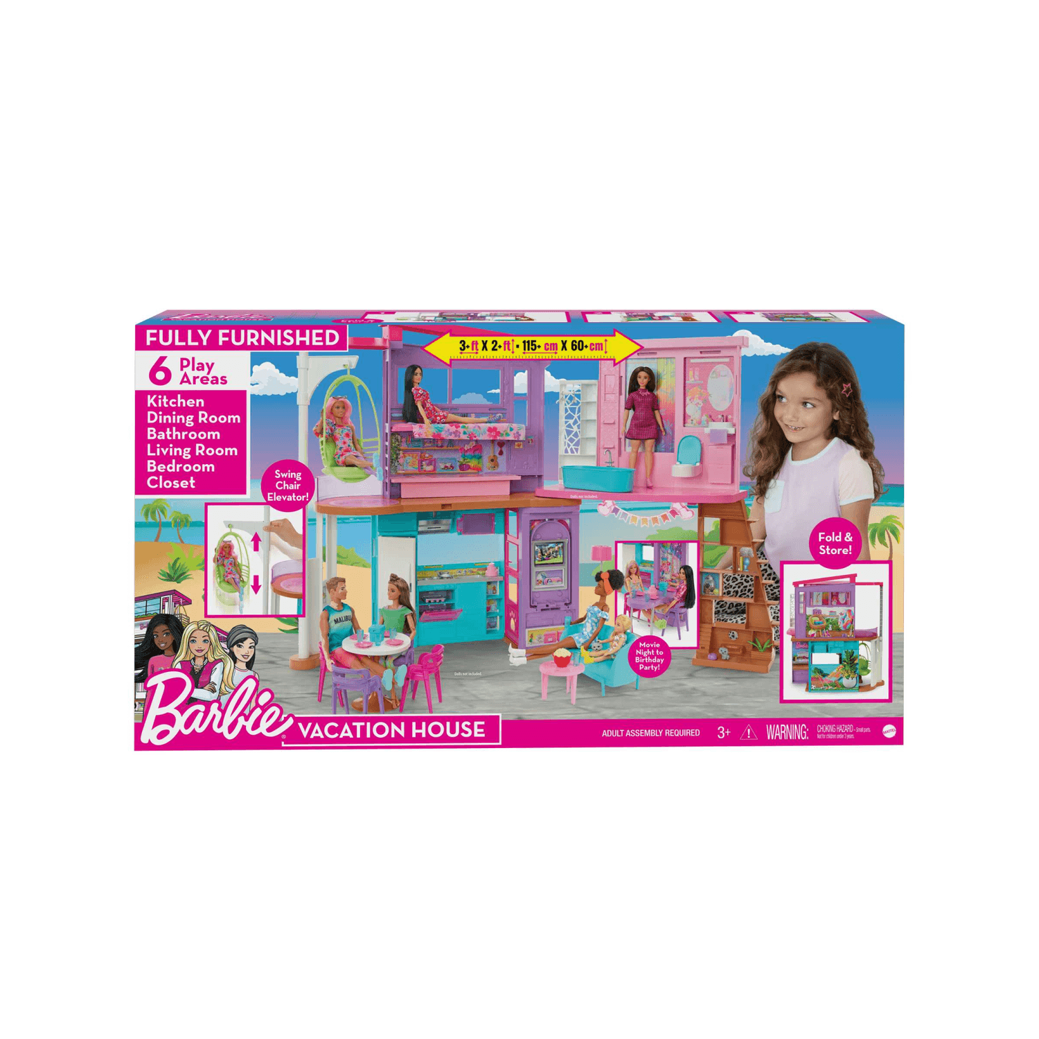 Barbie casa di malibu (106 cm) playset casa delle bambole con 2 piani, 6 stanze, ascensore, altalena e +30 accessori, giocattolo per bambini 3+ anni - Barbie