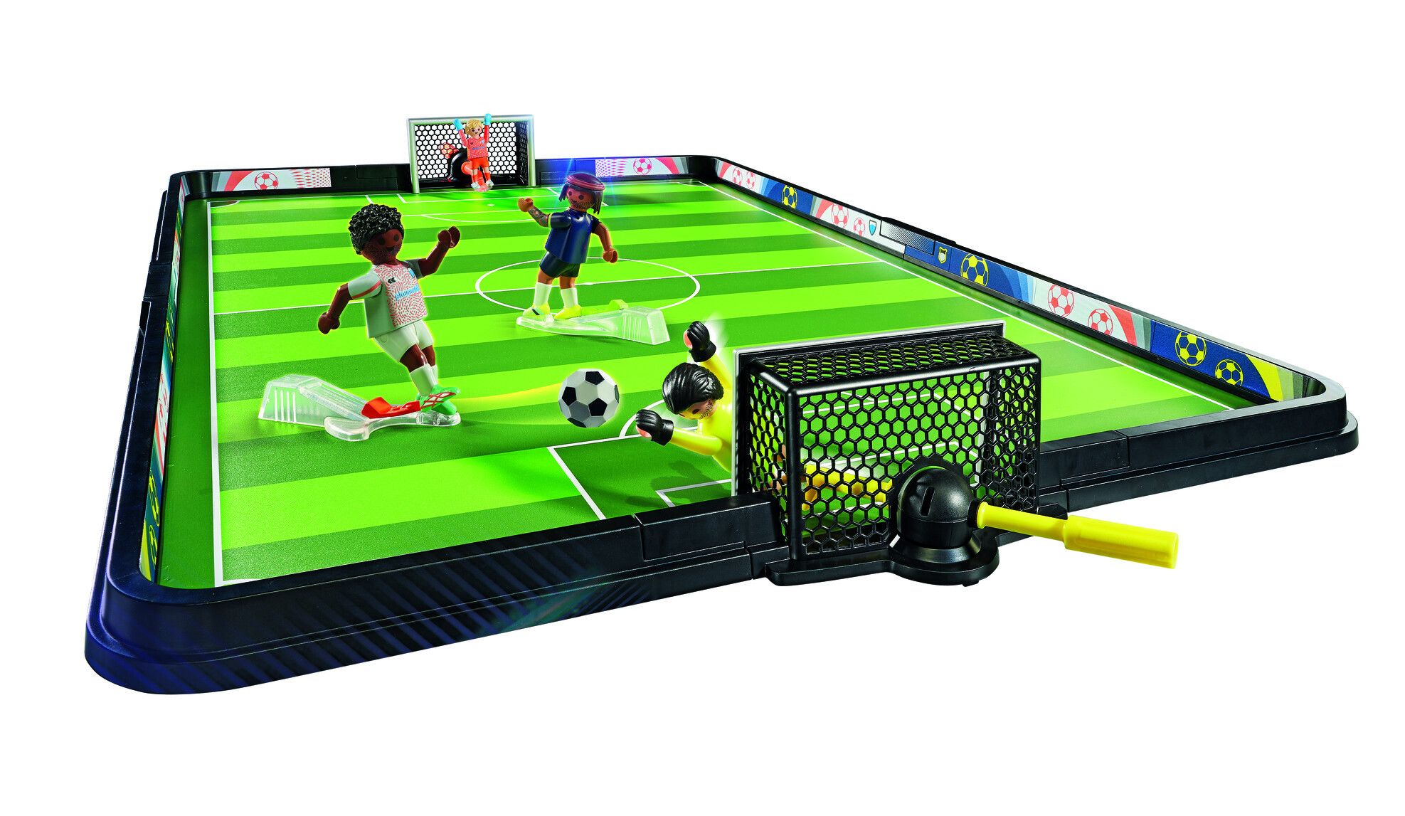 Calciatore con meccanismo per calciare, portiere con asta mobile e istruzioni di gioco. - Playmobil