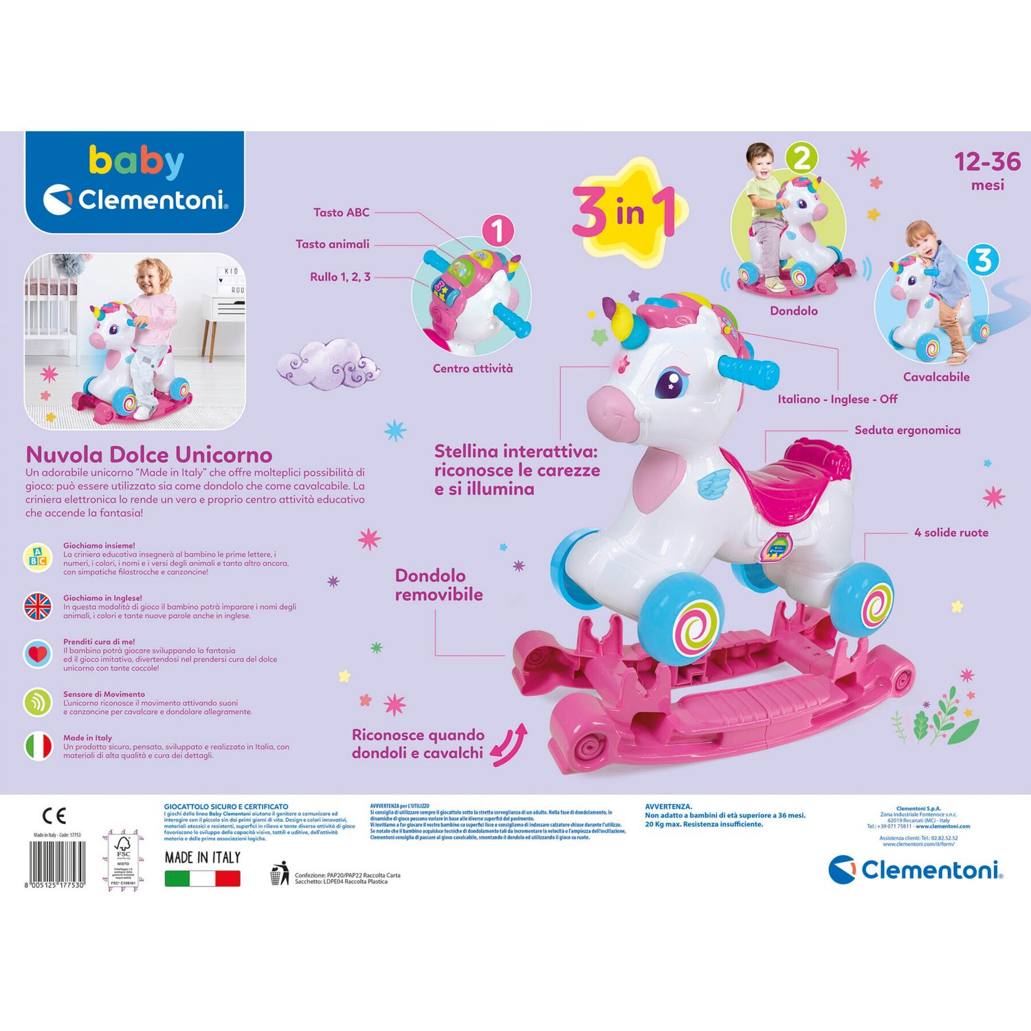 Baby clementoni - nuvola dolce unicorno, cavalcabile e primi passi - BABY CLEMENTONI