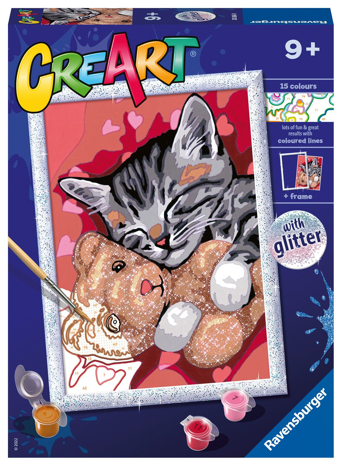 Ravensburger - creart serie d: gattino e il suo orsetto, kit per dipingere con i numeri, contiene una tavola prestampata, pennello, colori e accessori, gioco creativo per bambini 9+ anni - CREART, RAVENSBURGER