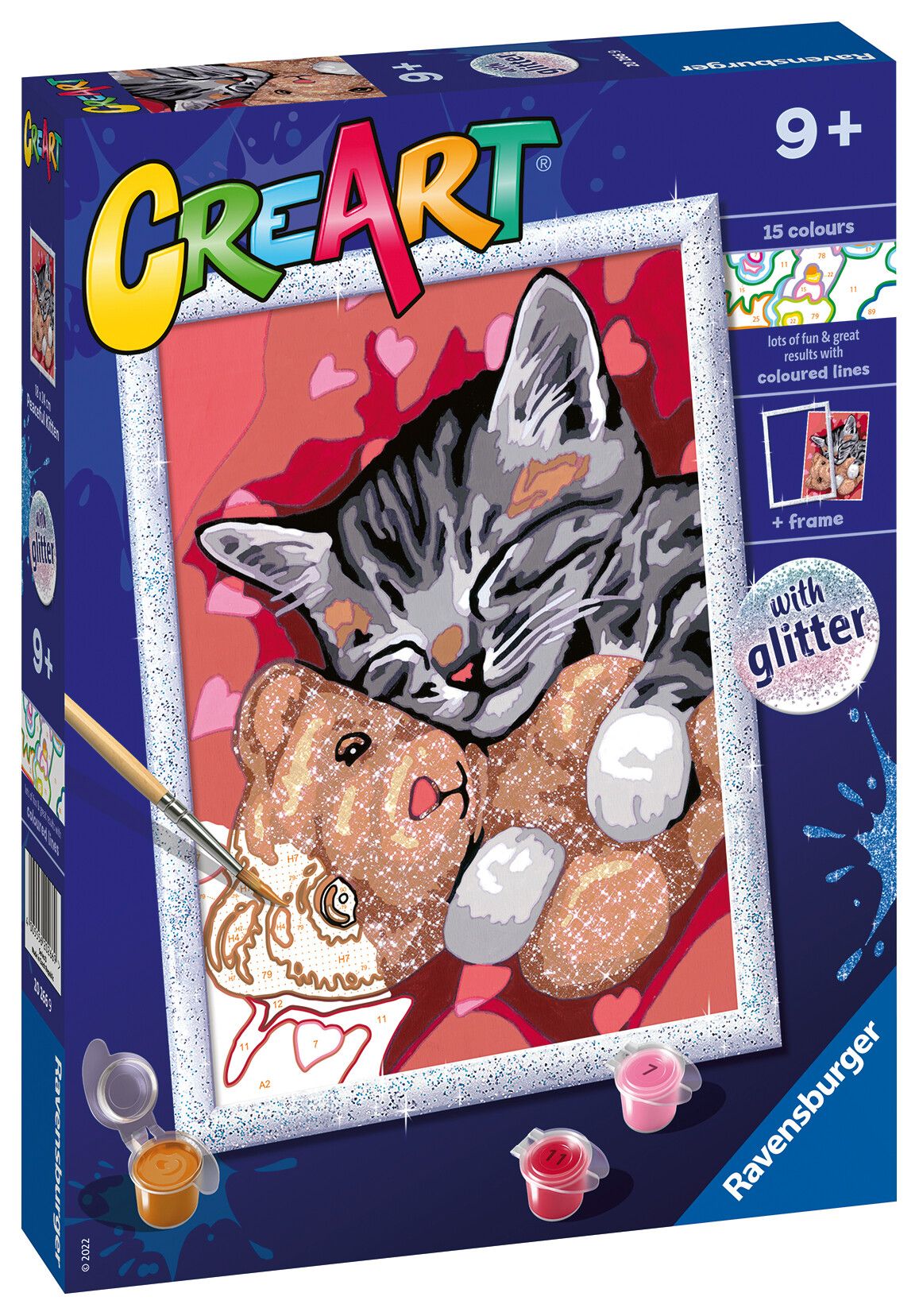 Ravensburger - creart serie d: gattino e il suo orsetto, kit per dipingere con i numeri, contiene una tavola prestampata, pennello, colori e accessori, gioco creativo per bambini 9+ anni - CREART, RAVENSBURGER