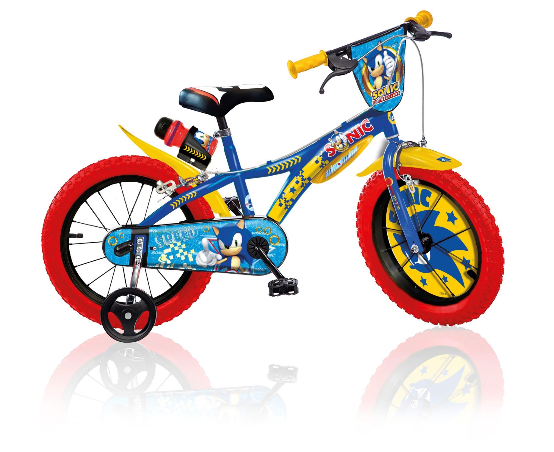 Bici bimbo 14" sonic. ruota libera, disco ruota, borraccia , stabilizzatori e scudo frontale  adatta ai bambini dai 5-7 anni - Sonic