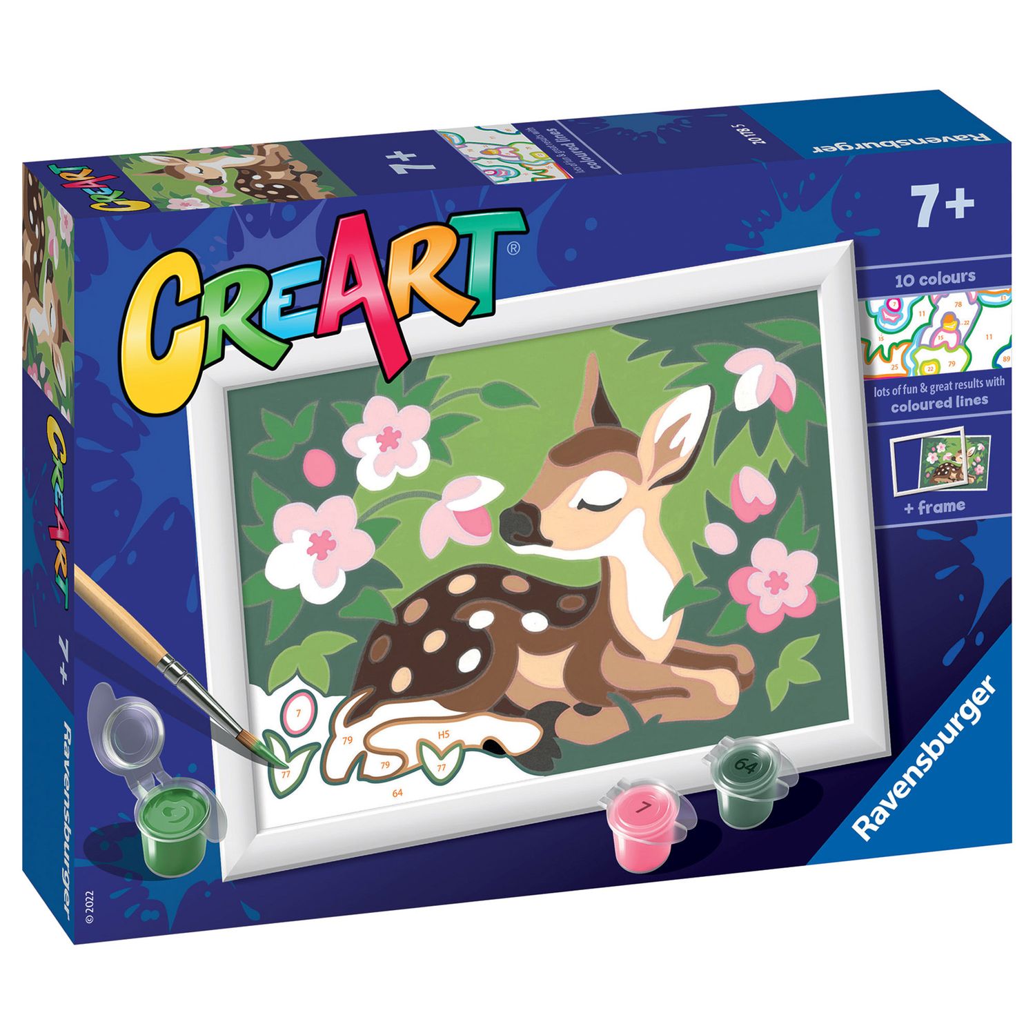 Ravensburger - creart serie e: cerbiatto fra i fiori, kit per dipingere con i numeri, contiene una tavola prestampata, pennello, colori e accessori, gioco creativo per bambini 7+ anni - CREART, RAVENSBURGER
