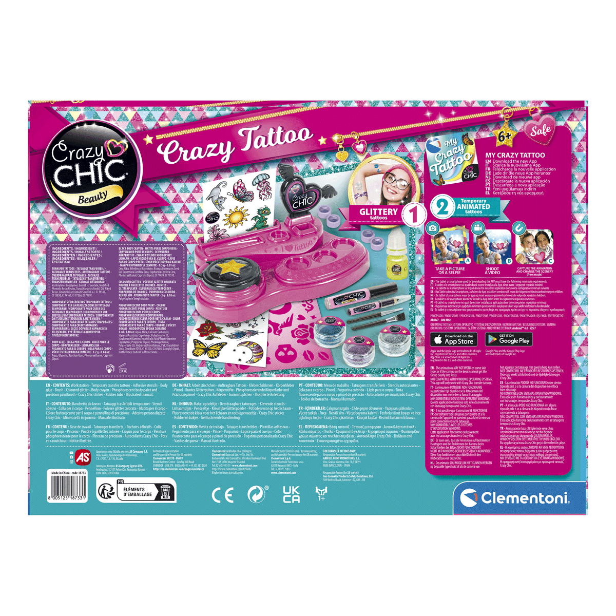 Clementoni - crazy chic - crazy tattoo, kit tatuaggi - CLEMENTONI, CRAZY CHIC