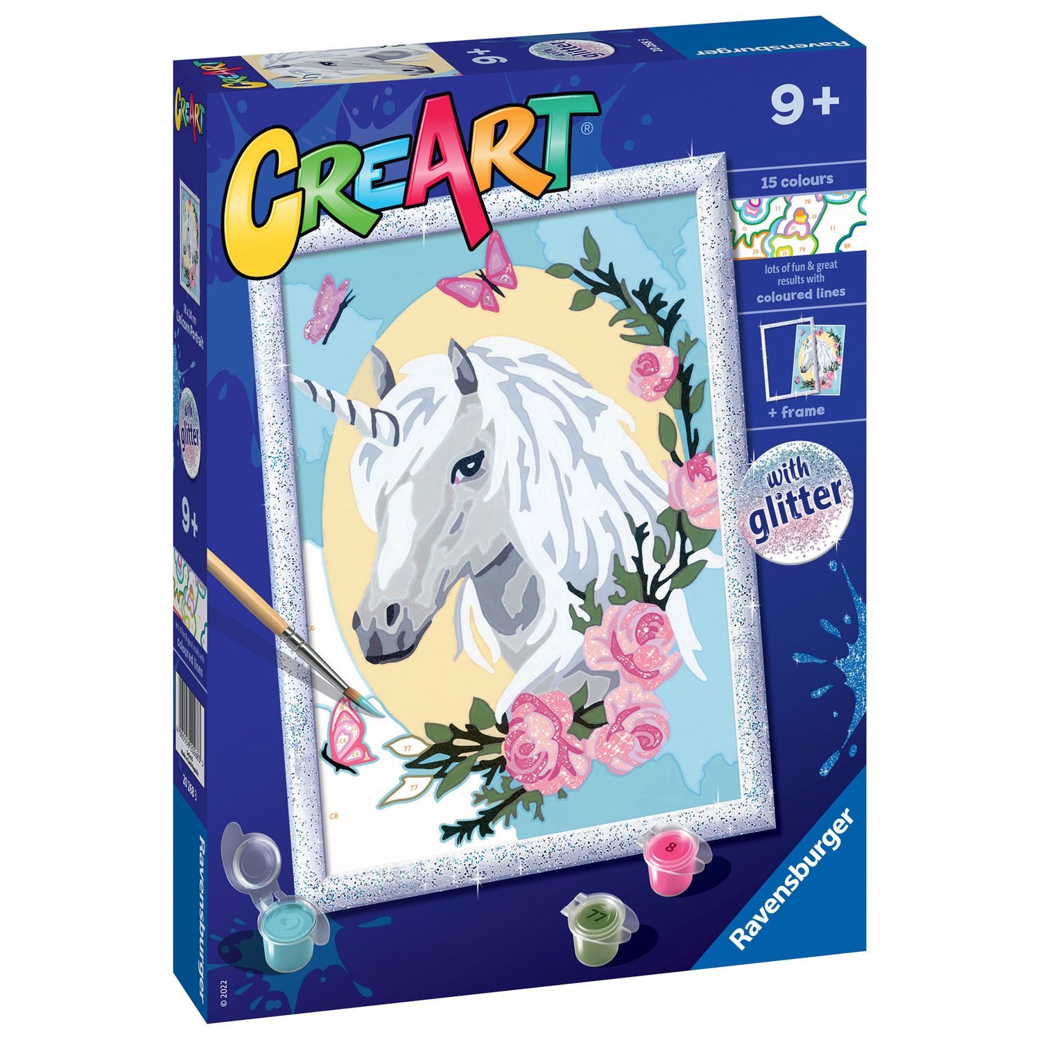 Ravensburger - creart serie d: ritratto di unicorno, kit per dipingere con i numeri, contiene una tavola prestampata, pennello, colori e accessori, gioco creativo per bambini 9+ anni - CREART, RAVENSBURGER