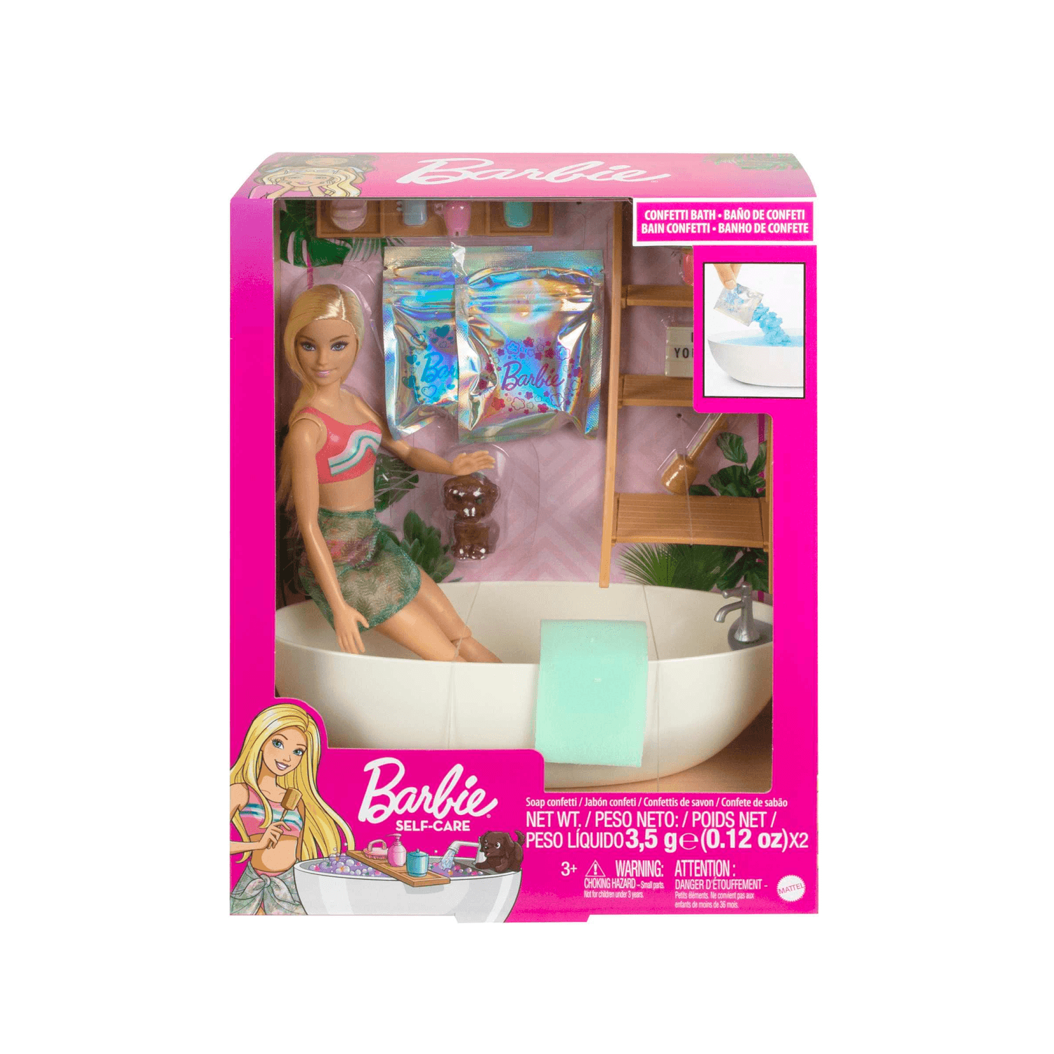 Barbie - vasca relax playset, con 1 bambola, 1 cucciolo, coriandoli di sapone colorati e accessori, giocattolo per bambini, 3+ anni, hkt92 - Barbie
