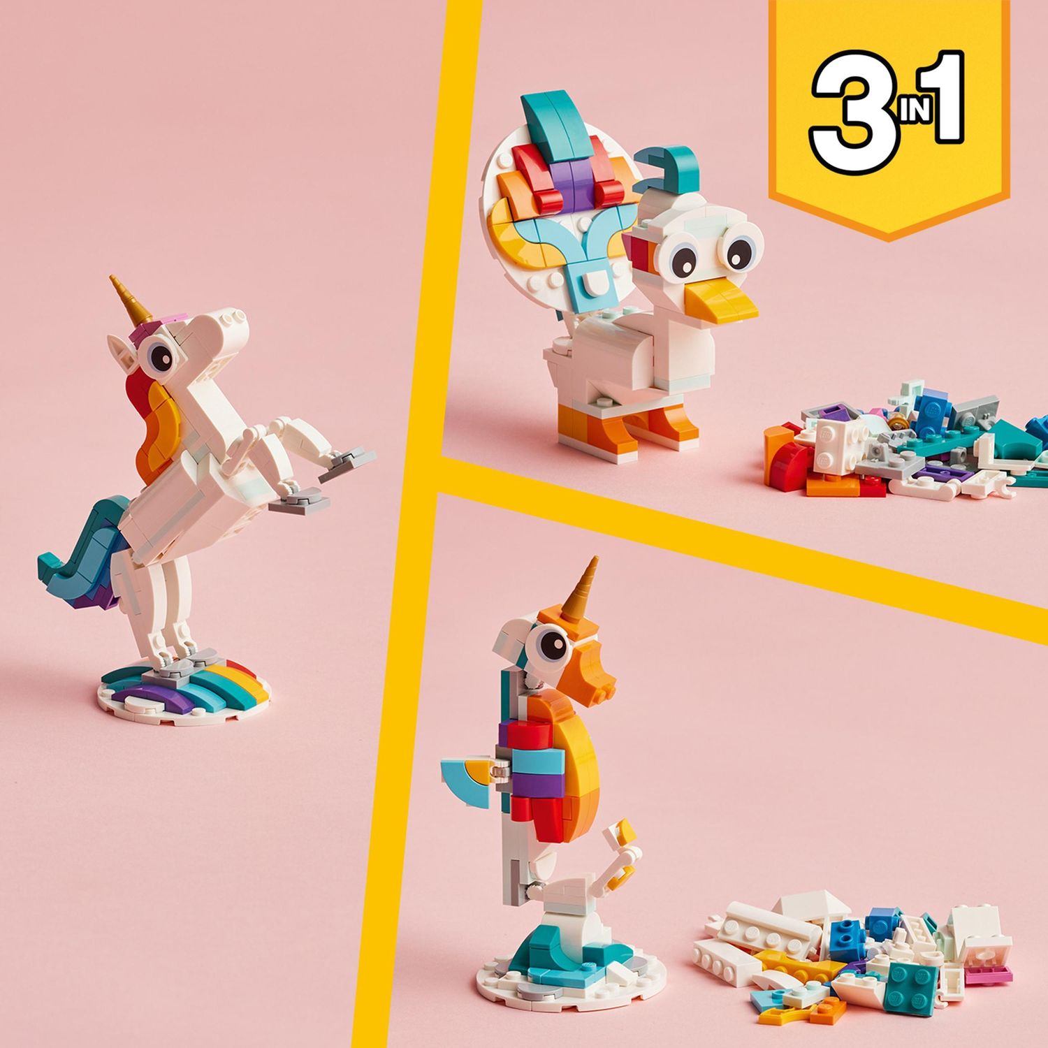 Lego creator 31140 unicorno magico con arcobaleno, set 3 in 1 con animali giocattolo fantastici, cavalluccio marino e pavone - LEGO CREATOR, Lego