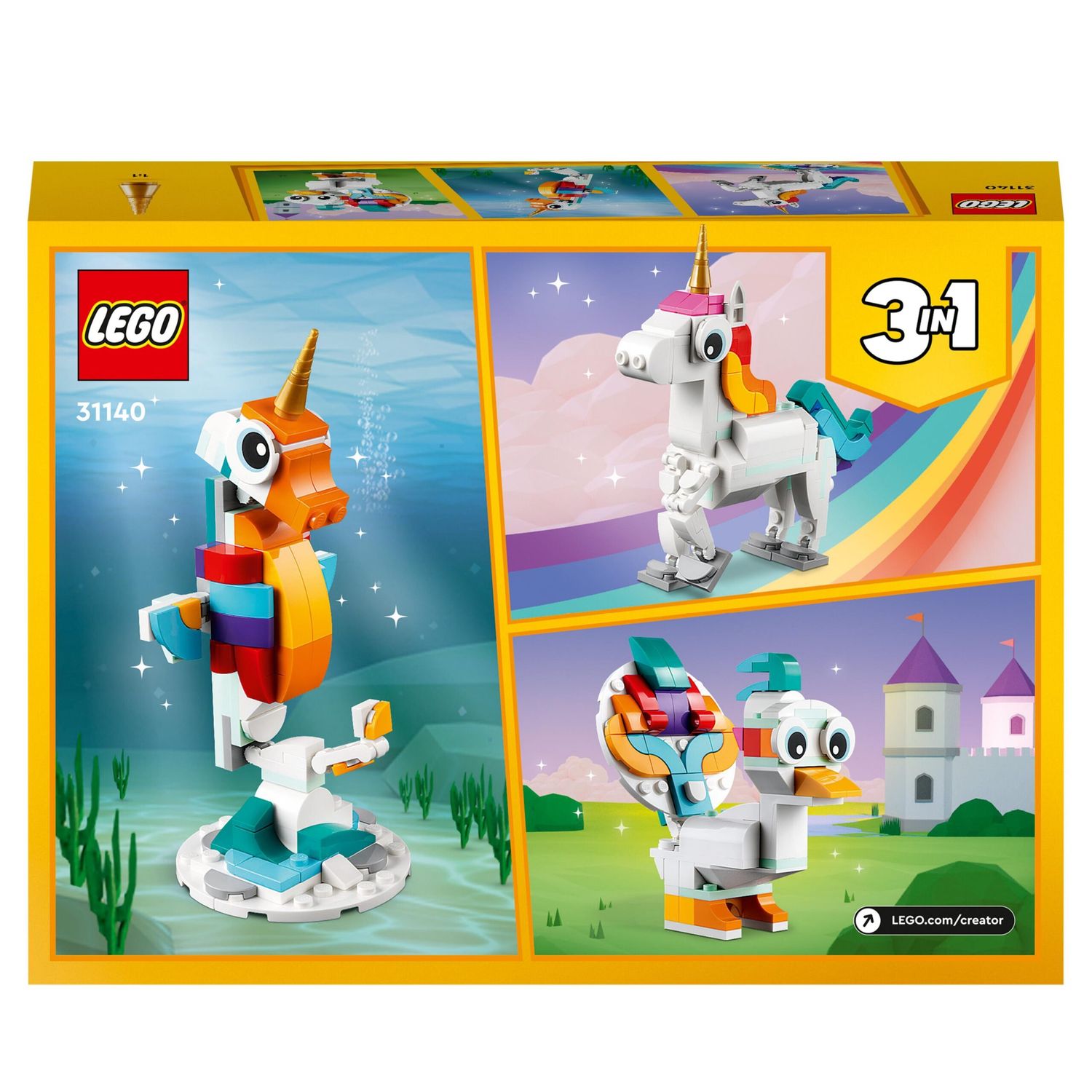 Lego creator 31140 unicorno magico con arcobaleno, set 3 in 1 con animali giocattolo fantastici, cavalluccio marino e pavone - LEGO CREATOR, Lego