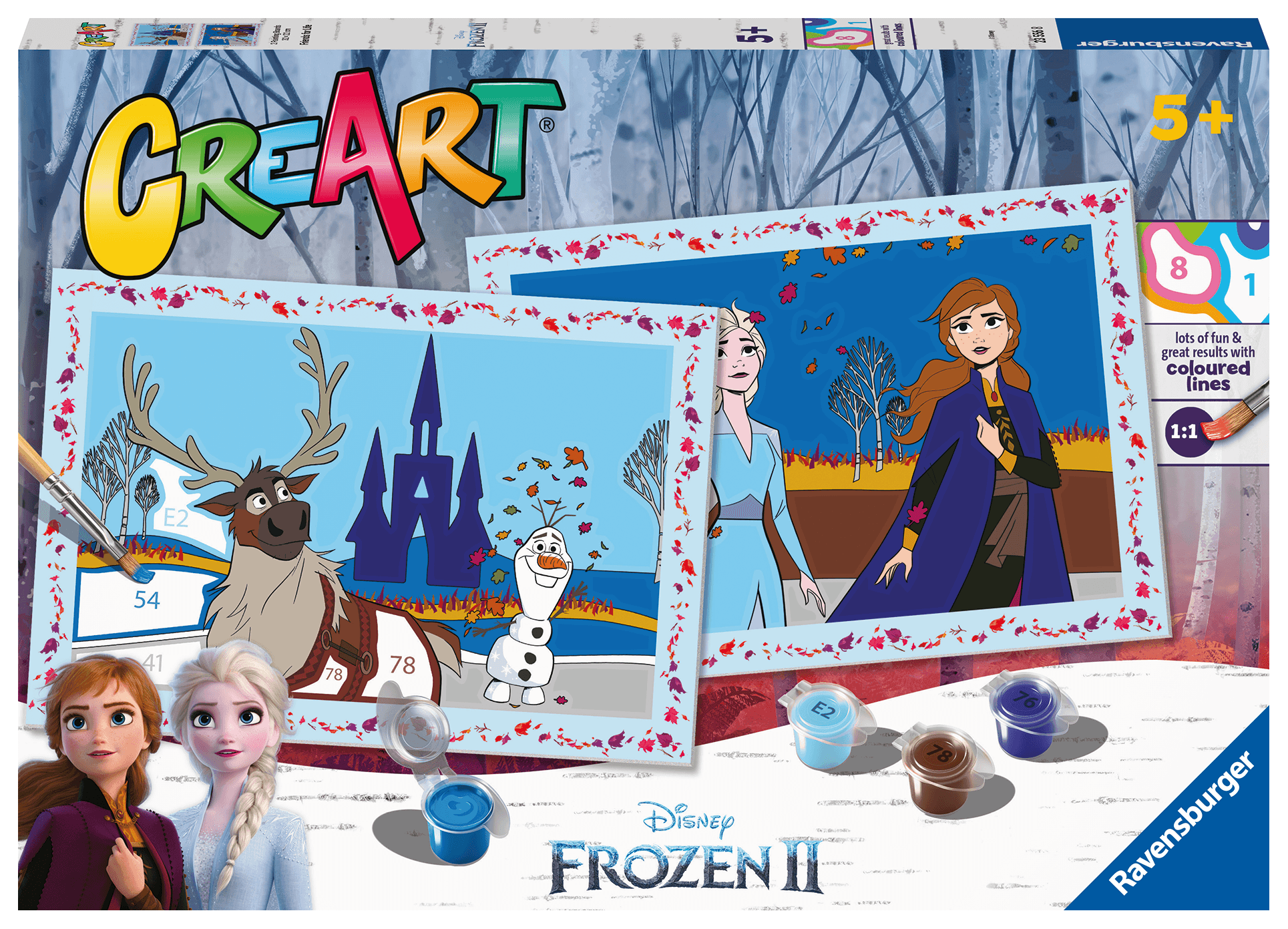 Ravensburger - creart serie junior, frozen ii, kit dipingere con i numeri, contiene 2 tavole prestampate, pennello, colori, gioco creativo per maschi e femmine dai 5+ anni di età - DISNEY PRINCESS, RAVENSBURGER, Disney, Frozen