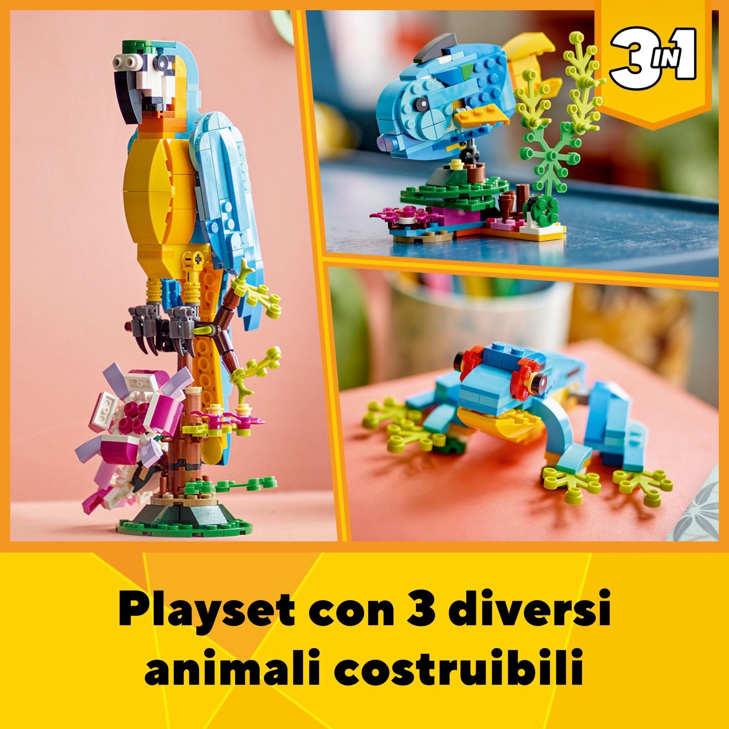 Lego creator 31136 pappagallo esotico, set 3 in 1 con pesce e rana, animali giocattolo, giochi creativi per bambini da 7 anni - LEGO CREATOR, Lego
