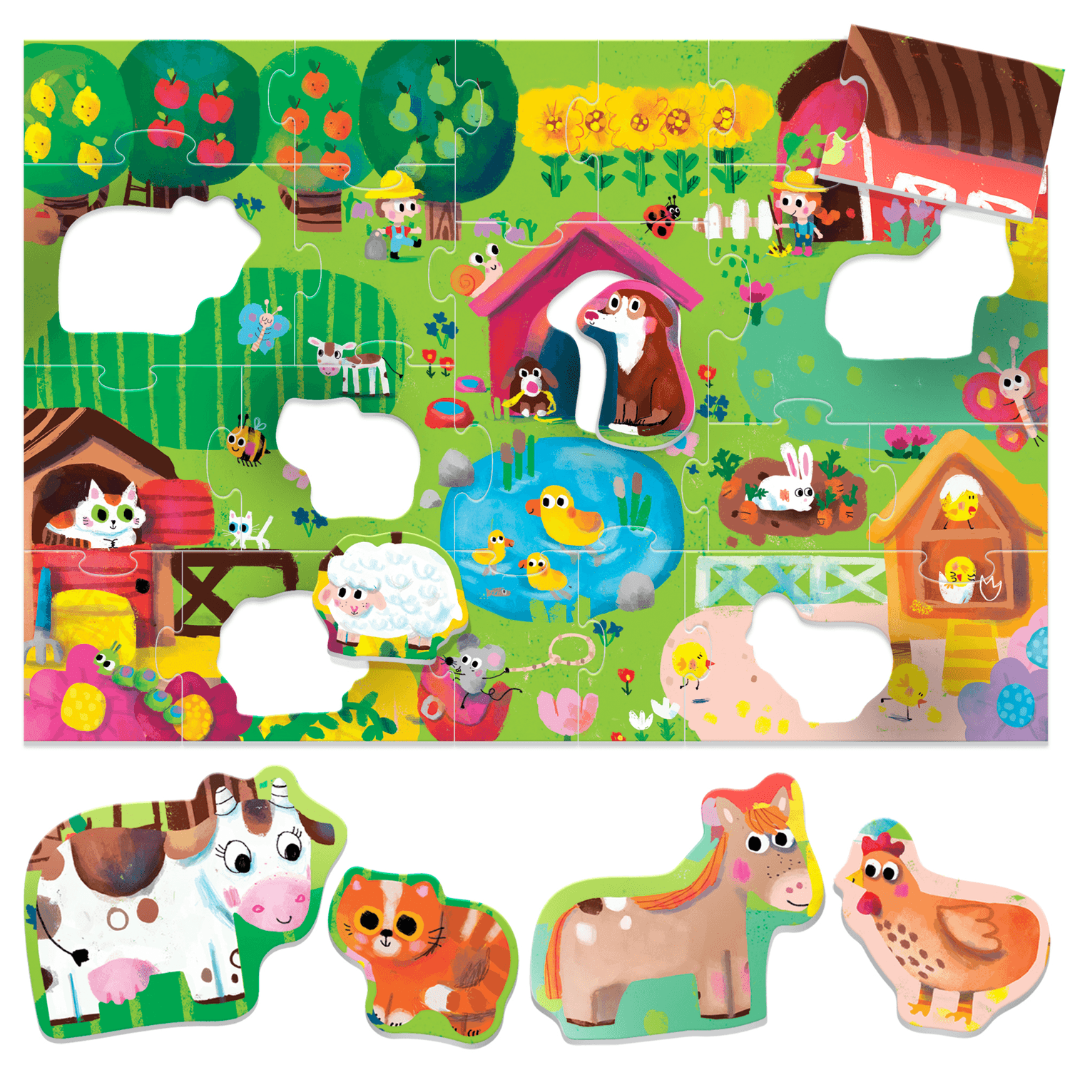 Maxi shaped puzzle farm. 19 pezzi con 6 grandi sagome. ecoplay.	2-5 anni - HEADU