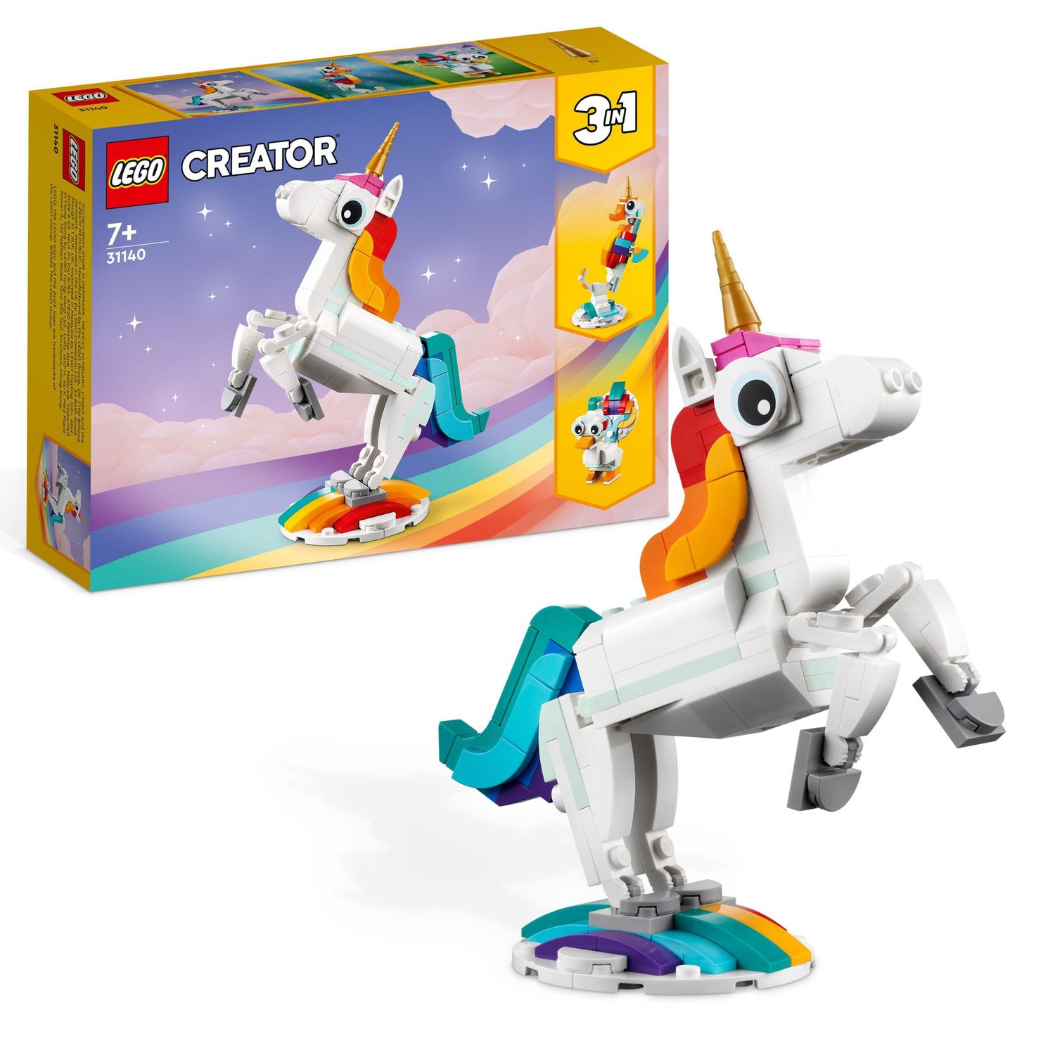 Lego creator 31140 unicorno magico con arcobaleno, set 3 in 1 con animali giocattolo fantastici, cavalluccio marino e pavone - LEGO CREATOR, Lego