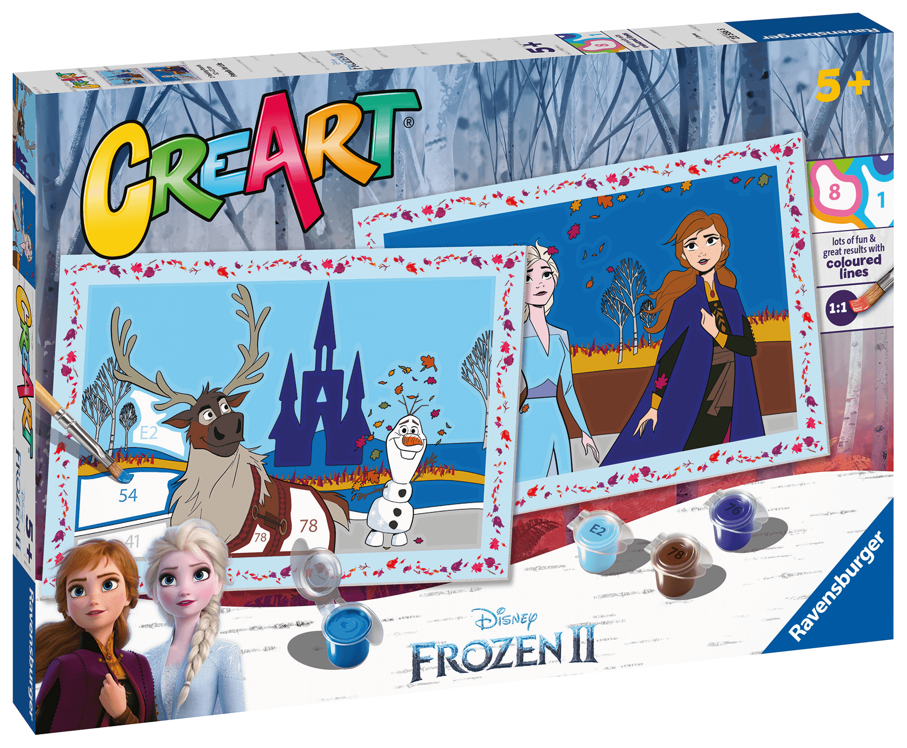 Ravensburger - creart serie junior, frozen ii, kit dipingere con i numeri, contiene 2 tavole prestampate, pennello, colori, gioco creativo per maschi e femmine dai 5+ anni di età - DISNEY PRINCESS, RAVENSBURGER, Disney, Frozen
